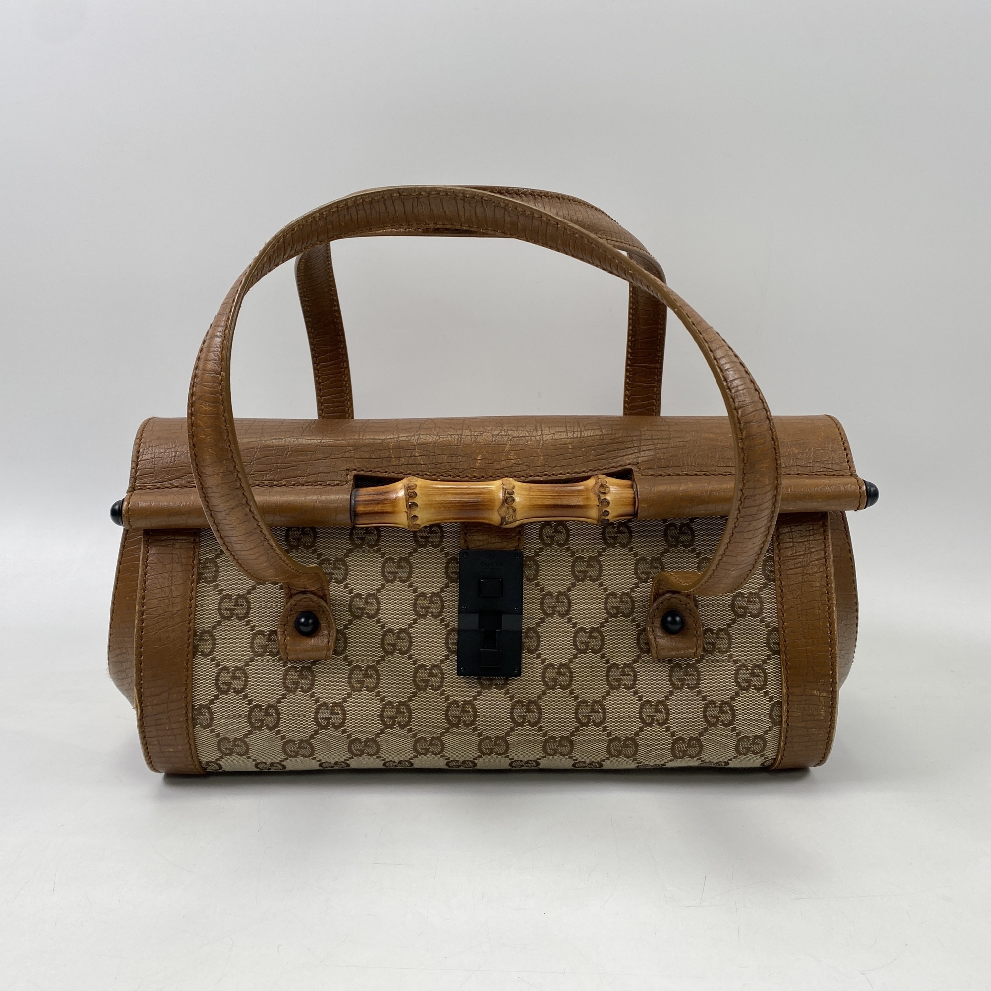 グッチ GGキャンバス バンブー ハンドバッグ ベージュ レザー×キャンバス Aランク