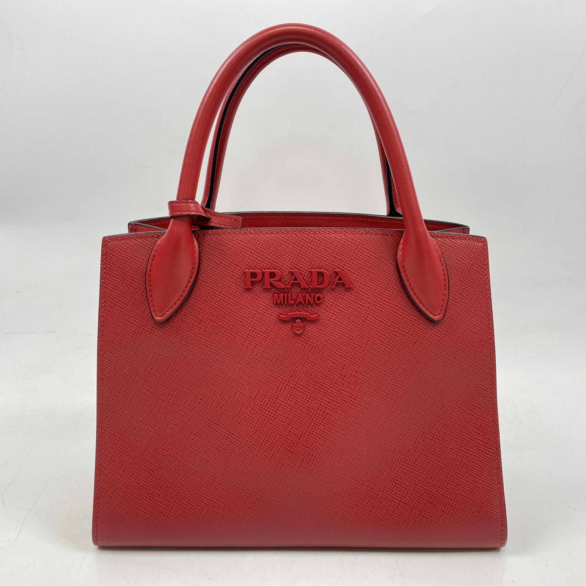 プラダ モノクローム サフィアーノ ハンドバッグ 赤 Aランク