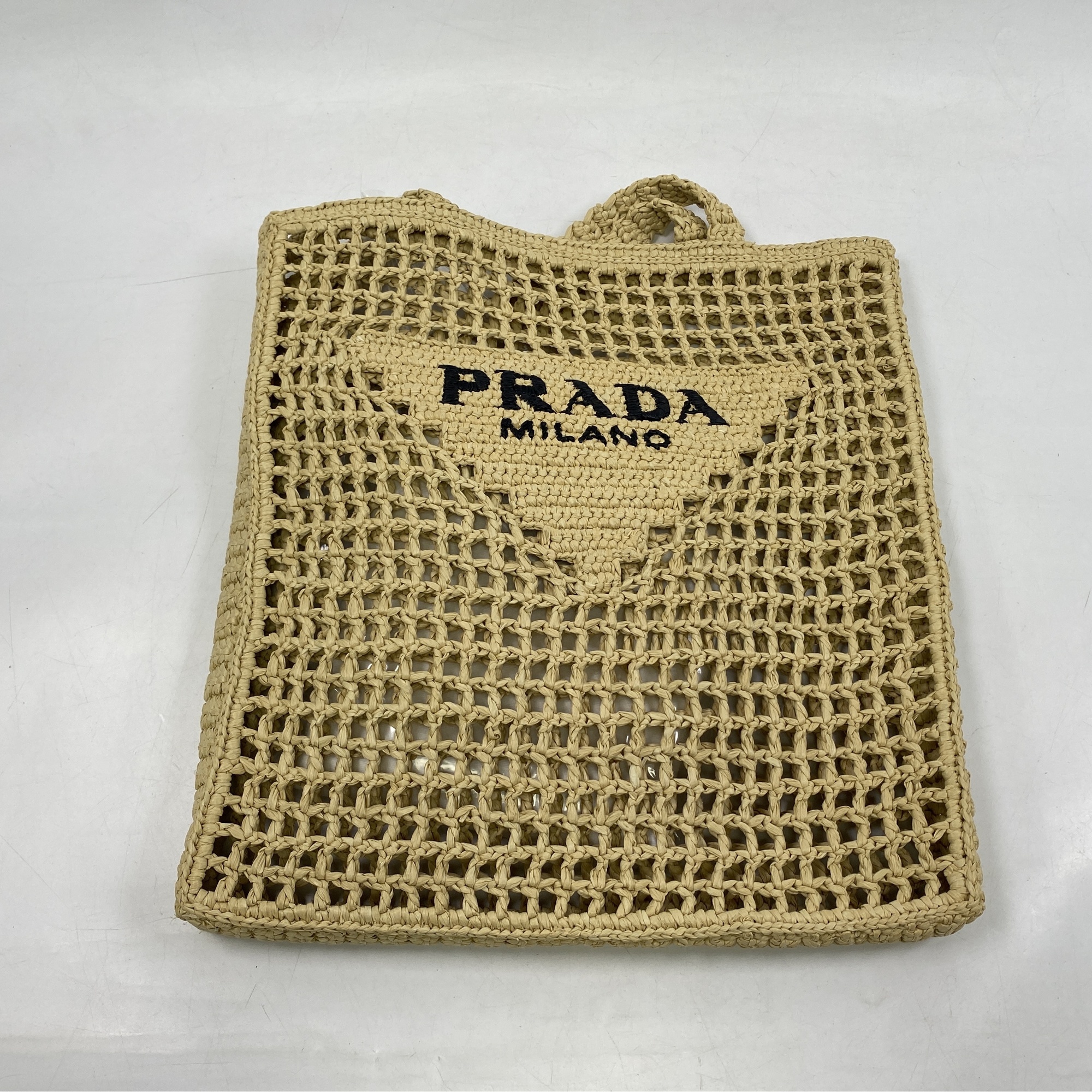 プラダ クロシェ トライアングルロゴ トートバッグ ハンドバッグ ベージュ ラフィア ABランク