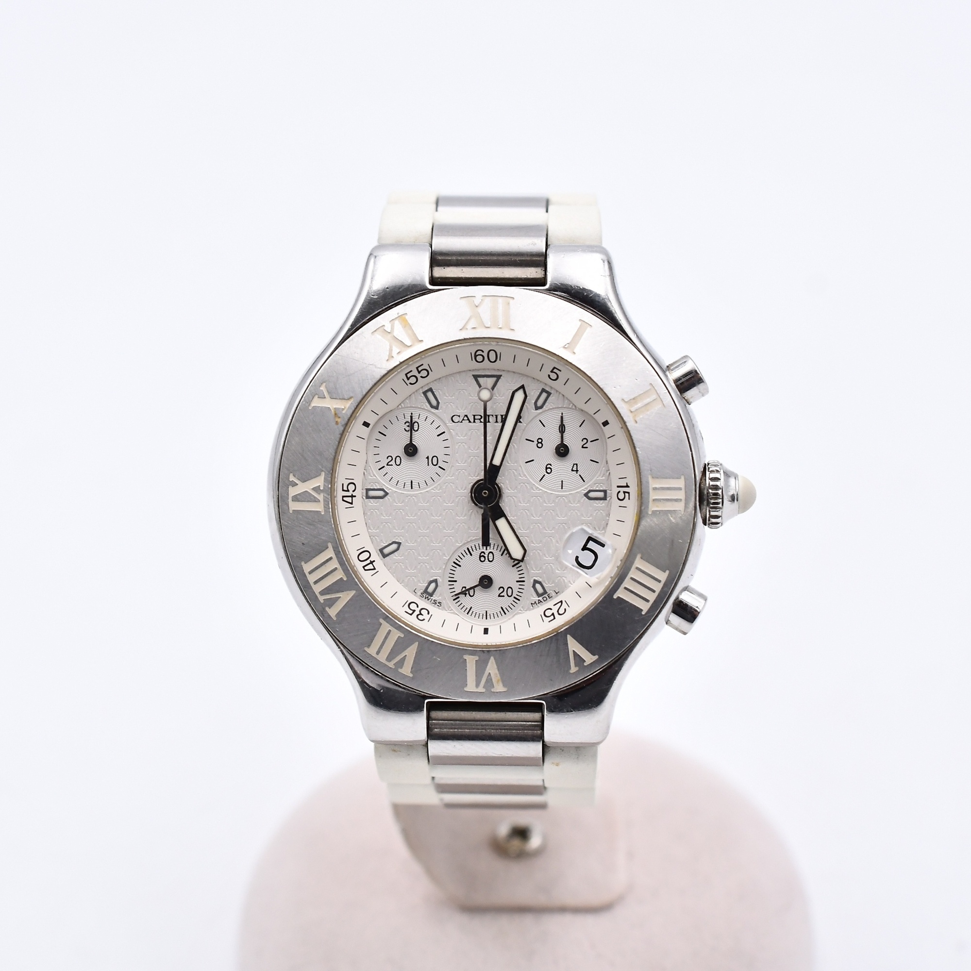 カルティエ マスト21 クロノスカフ LM シルバー文字盤 SS×ラバー/QZ