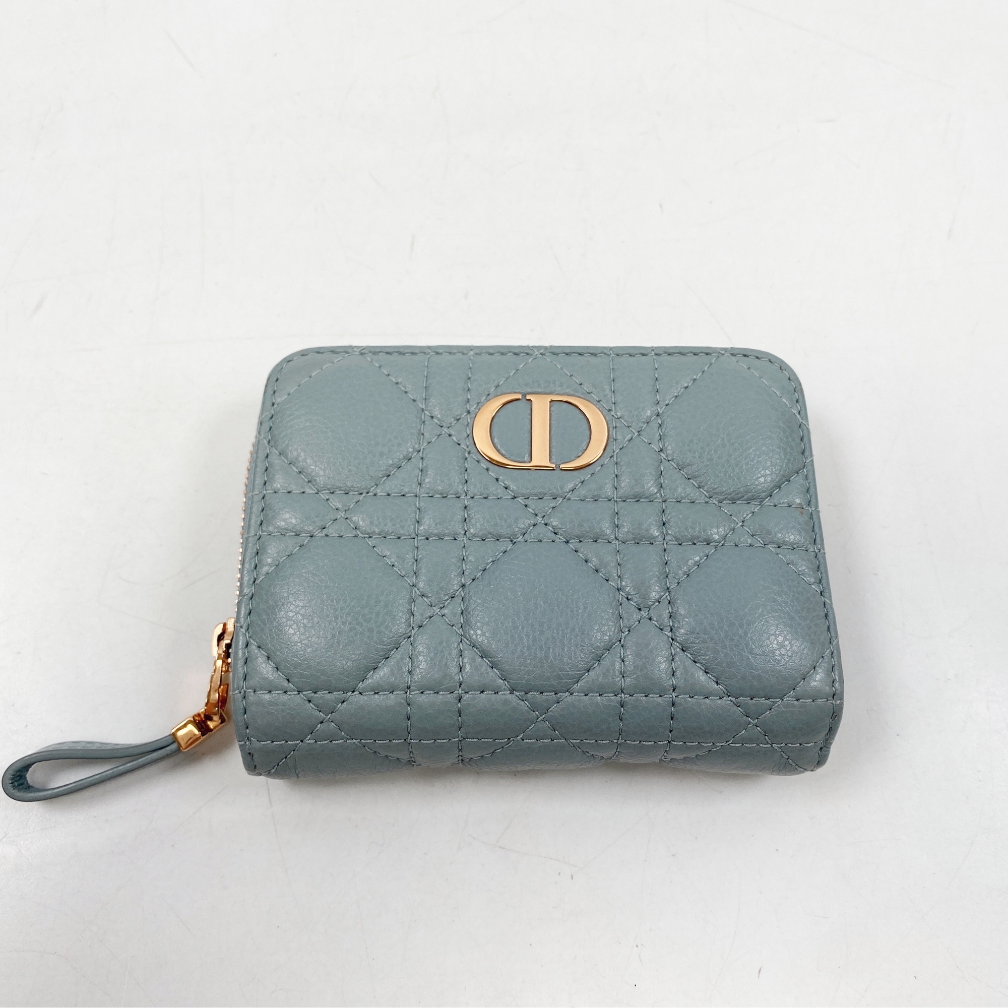ディオール カナージュ 二つ折り財布 ファスナー財布 水色 ラム Bランク
