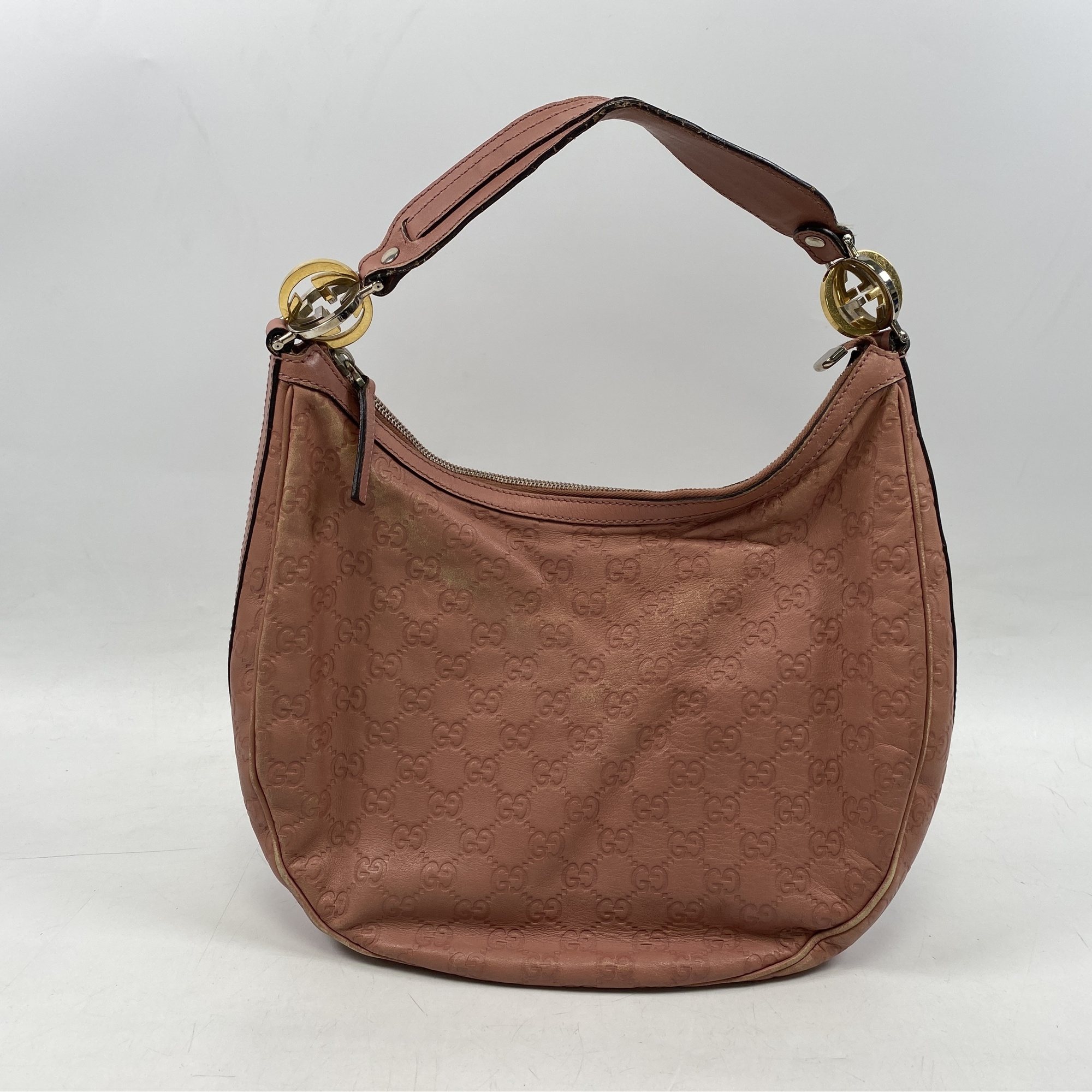 グッチ GGキャンバス ワンショルダーバッグ ピンク レザー Bランク