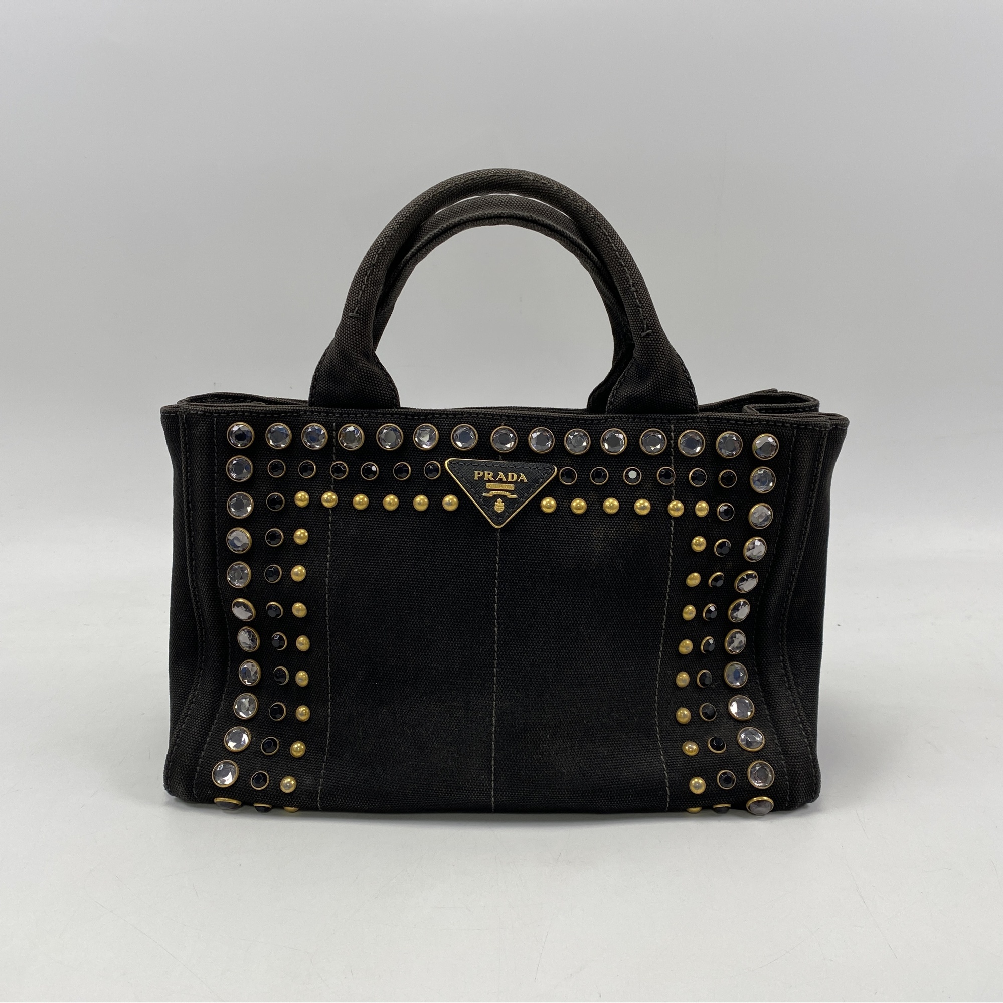 プラダ カナパ ビジュー スタッズ ハンドバッグ 黒 Bランク