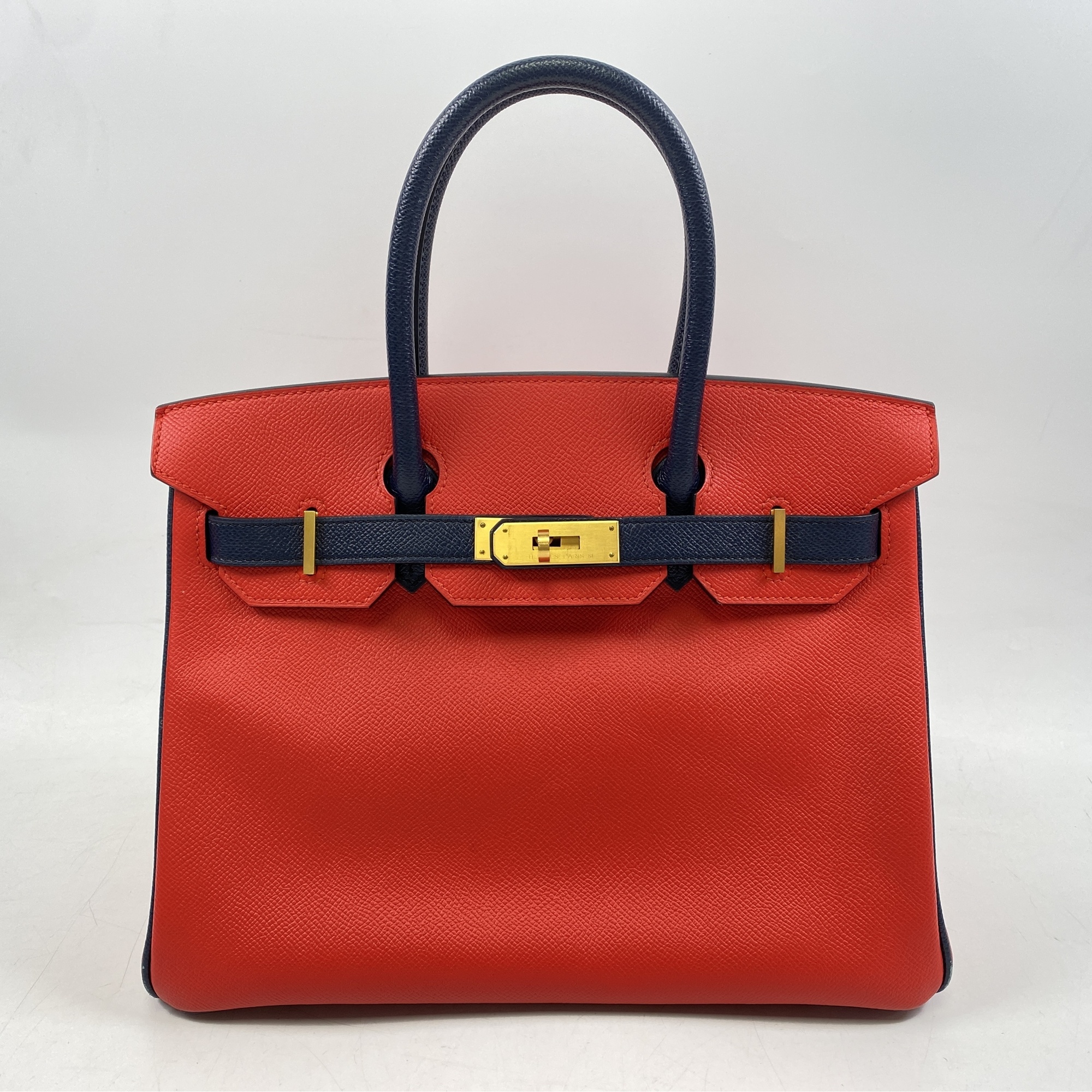 エルメス バーキン30 パーソナルオーダー 赤系×ネイビー エプソン マットGD金具 C刻印 Bランク