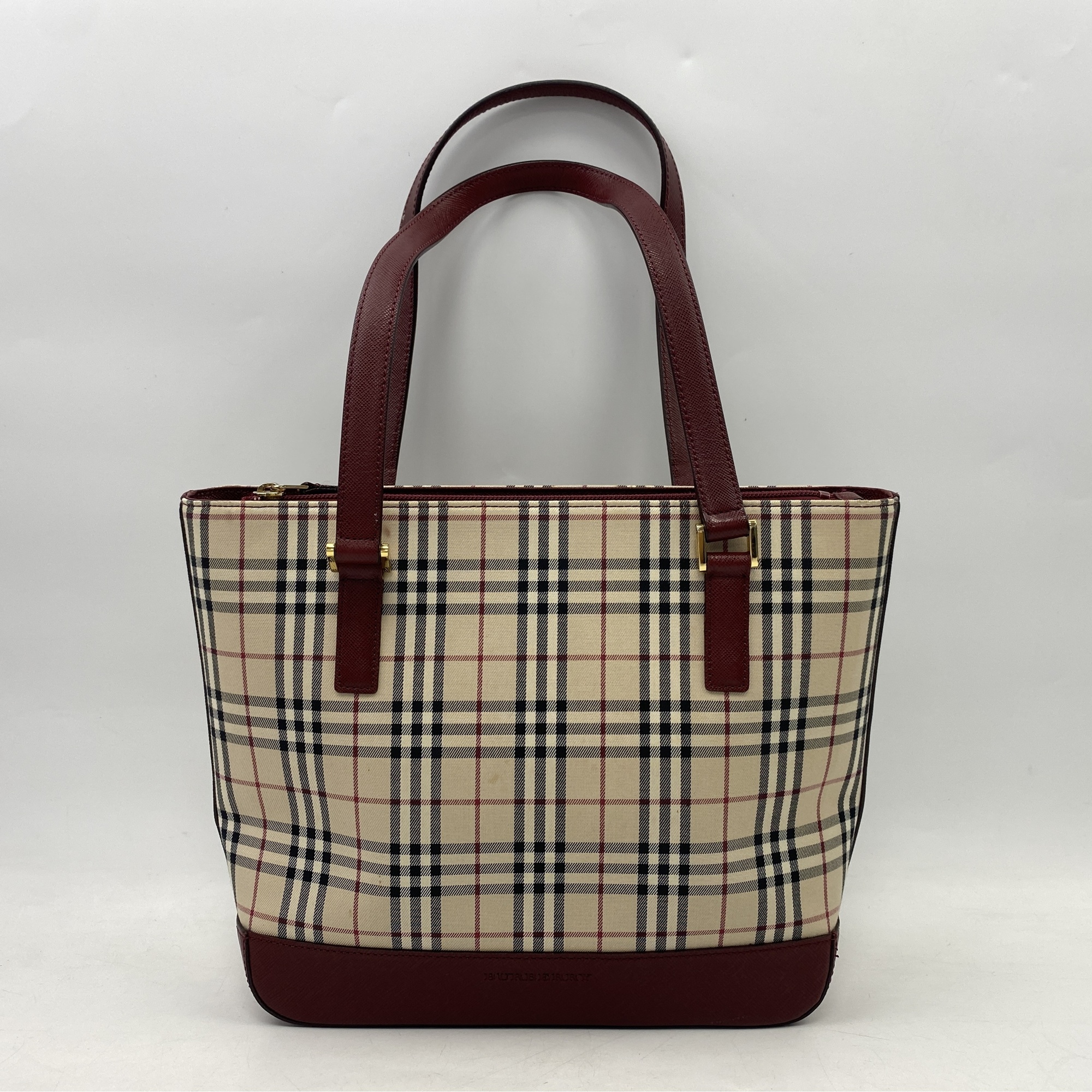 バーバリー トートバッグ ノバチェック ベージュ×赤 キャンバス×レザー Bランク