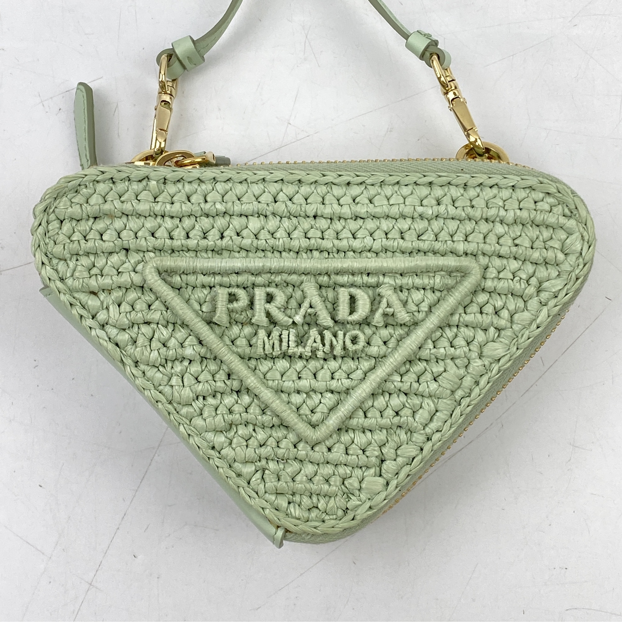 プラダ ラフィア トライアングルショルダーバッグ パステルグリーン レザー SAランク