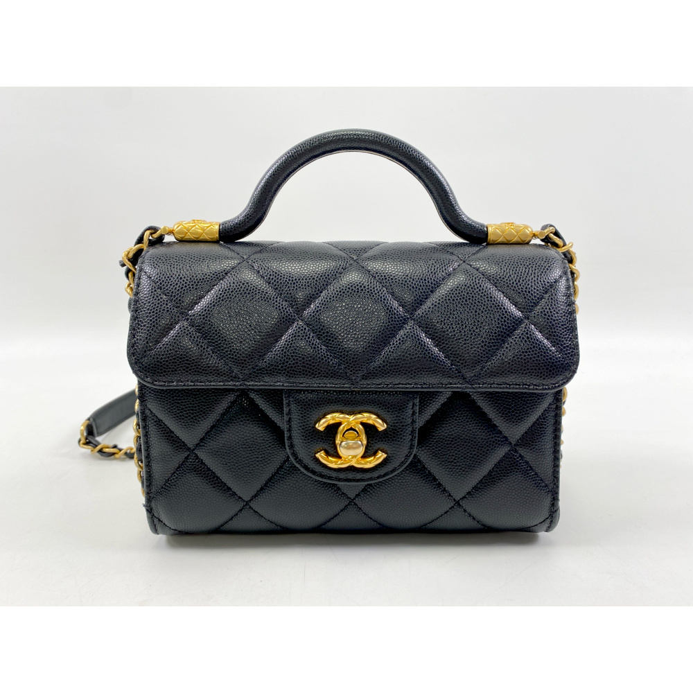 シャネル トップハンドル ミニ フラップ チェーンバッグ 黒 キャビア