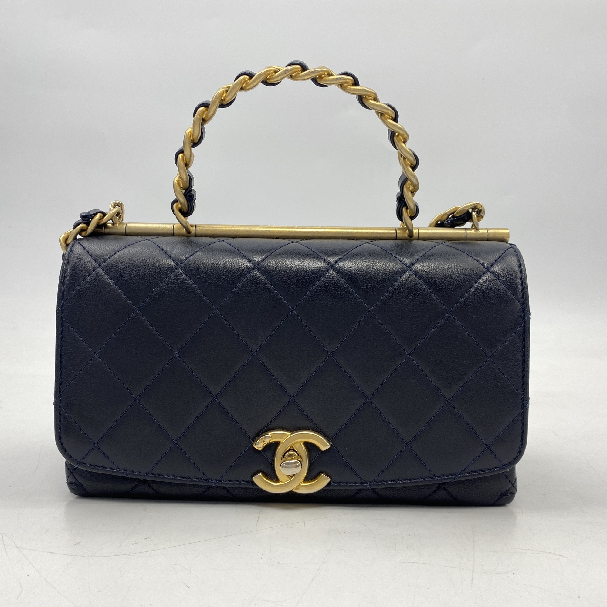 シャネル マトラッセ20 トップハンドル Sフラップ Sチェーン ネイビー ラムスキン GD金具 Bランク