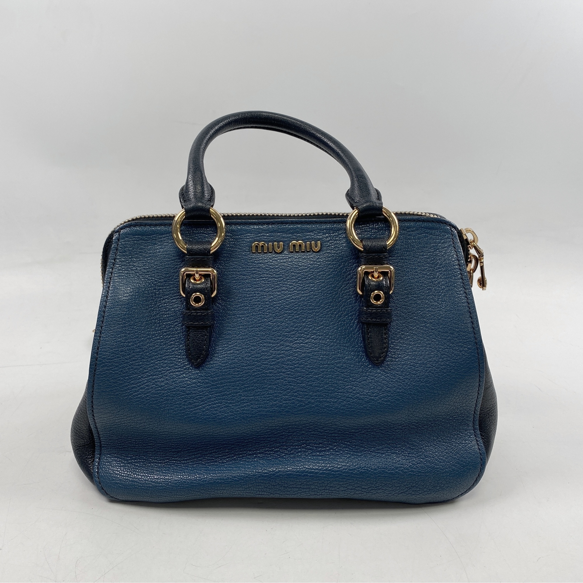 ミュウミュウ マドラスビコローレ 2WAYボストンバッグ ブルー レザー Bランク