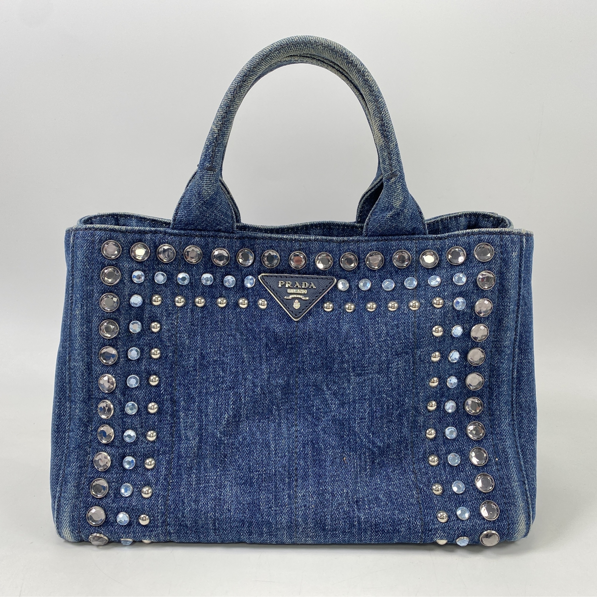 プラダ カナパ ビジュー 2wayトートバッグ ブルー デニム Bランク