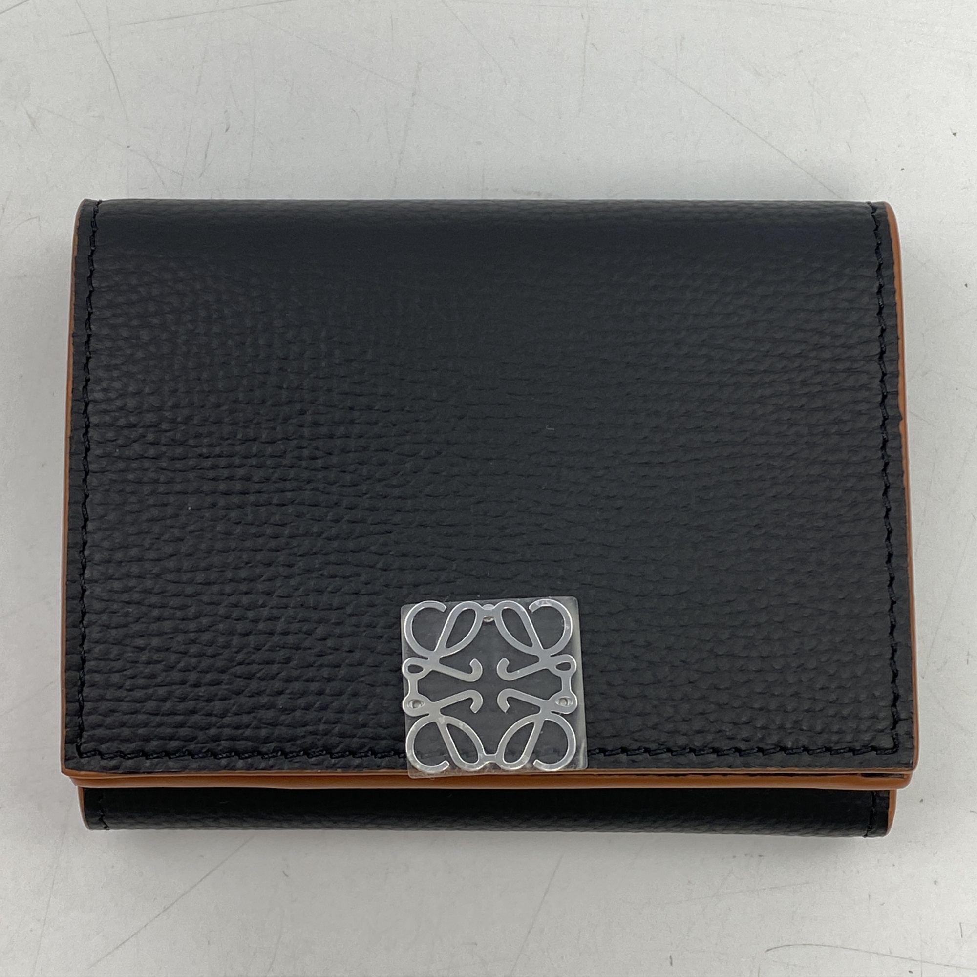 ロエベ アナグラム トライフォールド 三つ折り財布 黒×茶 レザー Nランク