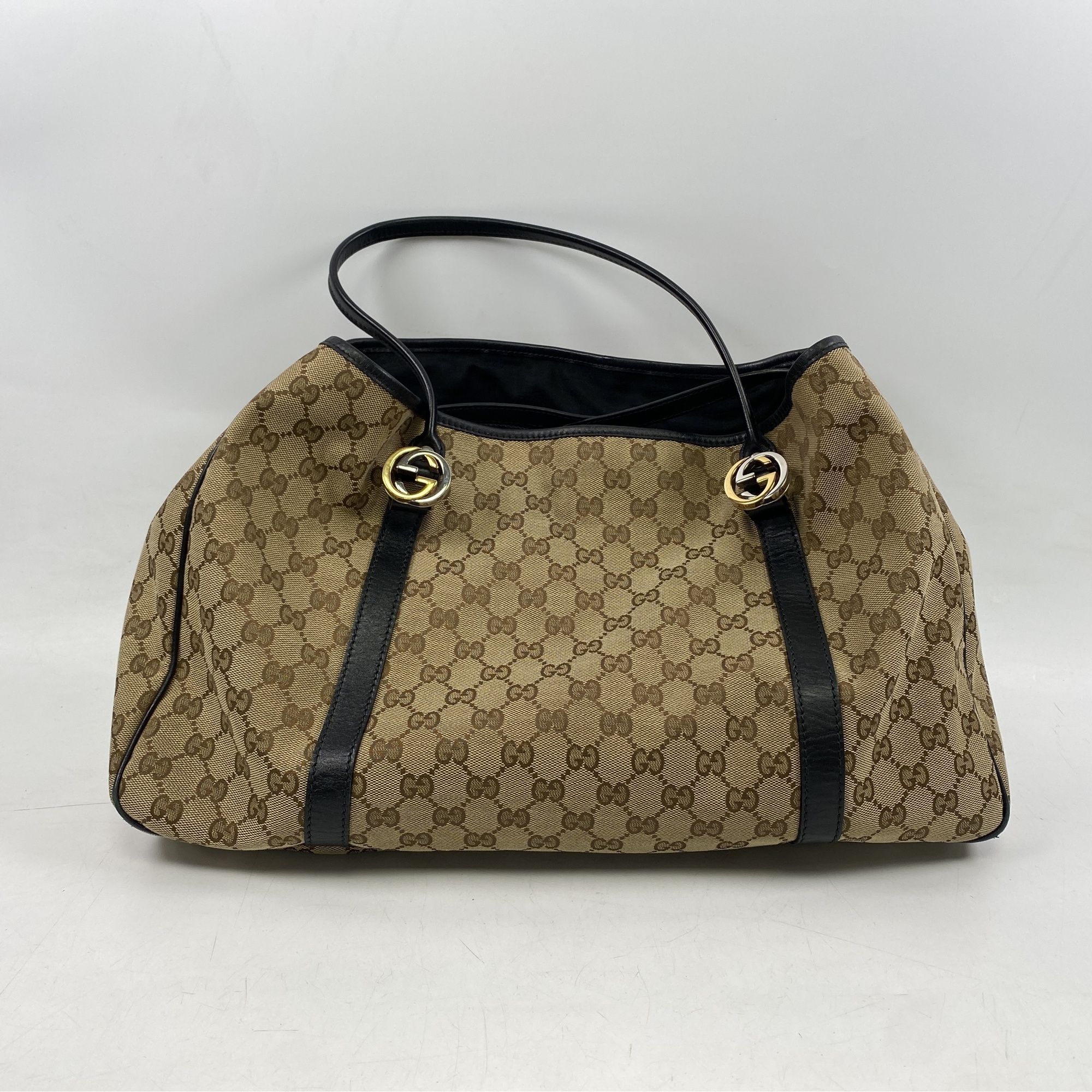 グッチ GGキャンバス トートバッグ ベージュ レザー キャンバス Bランク