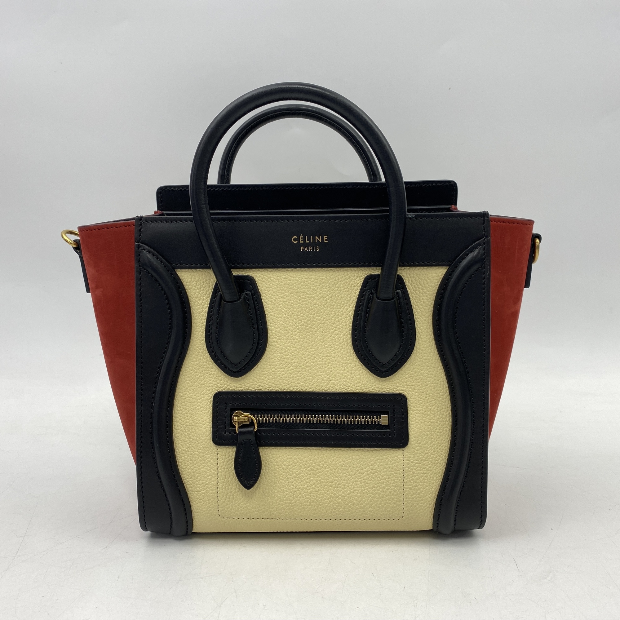 セリーヌ ラゲージ ナノショッパー 黒×赤×白 レザー Bランク