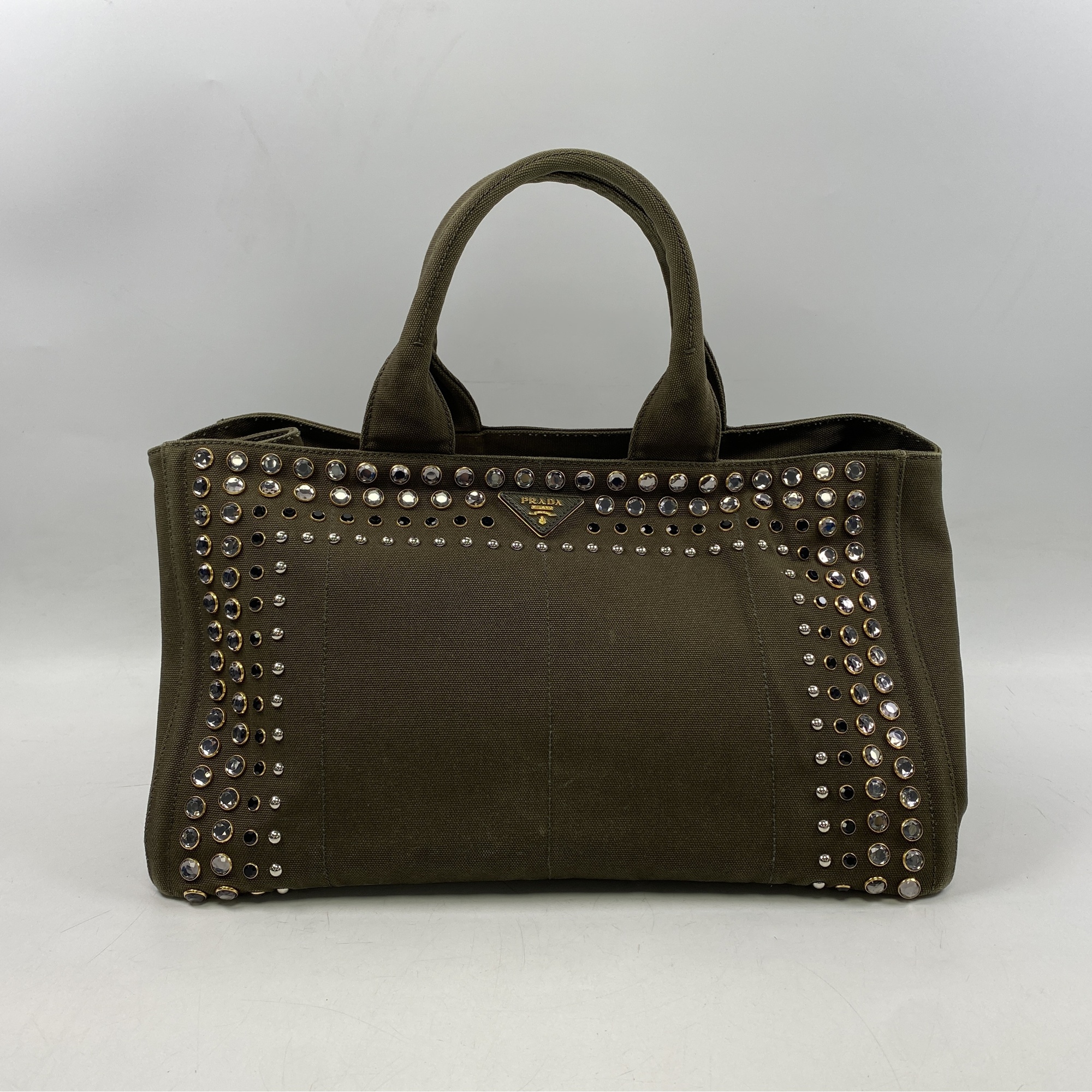 プラダ カナパ ビジュー スタッズ 2WAY ショルダーバッグ カーキ