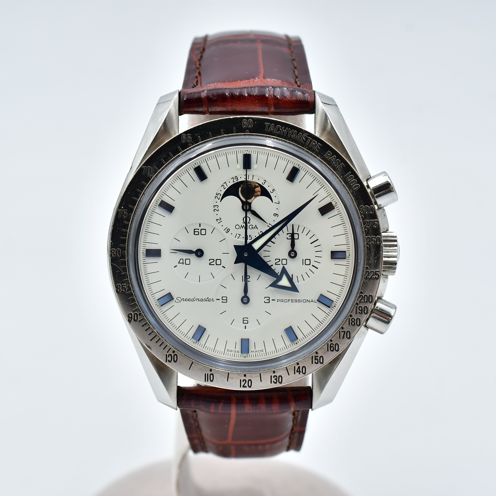 オメガ スピードマスター ムーンフェイズ 白文字盤 SS×革/AT Bランク