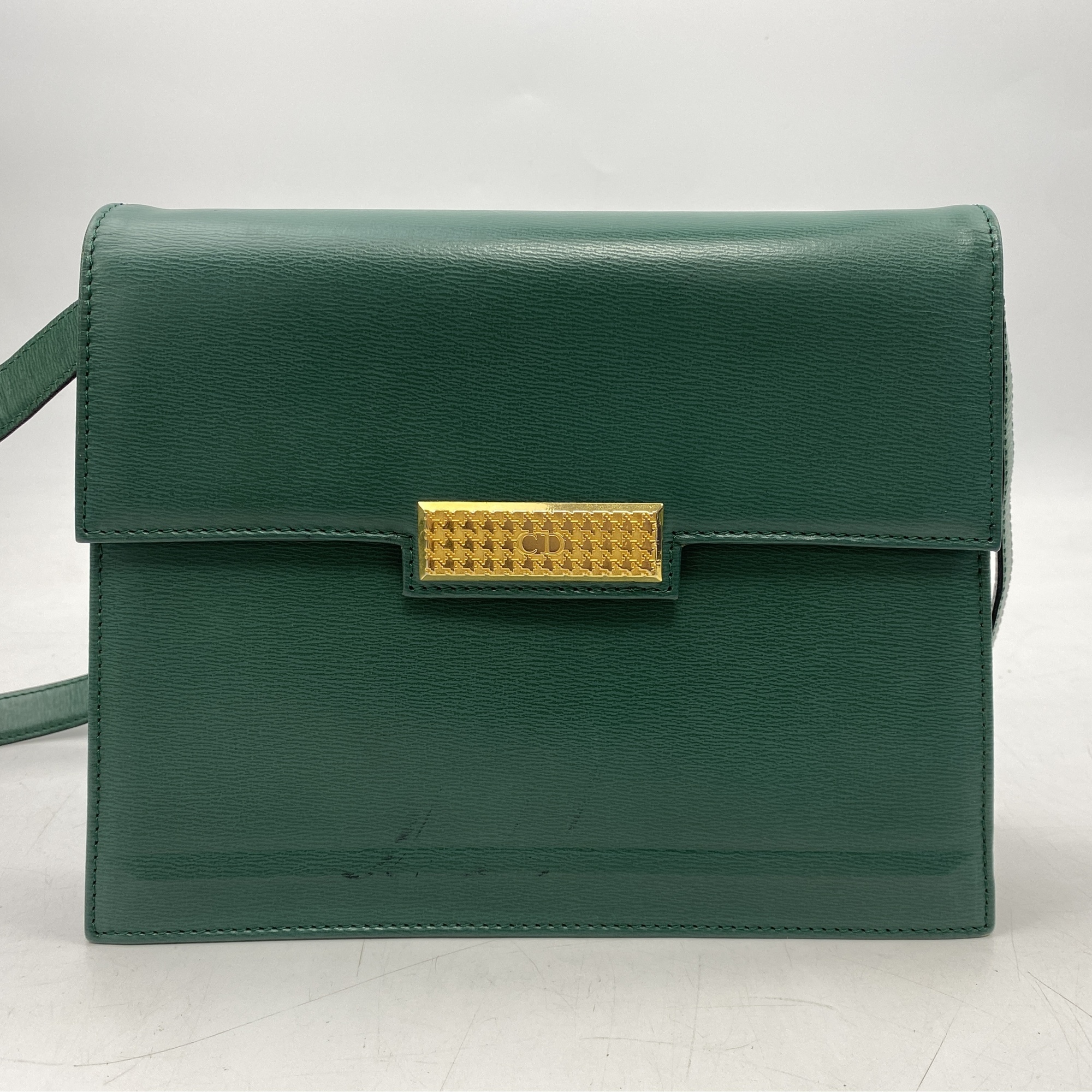 ディオール ヴィンテージ 千鳥格子金具 ショルダーバッグ グリーン レザー ゴールド金具 Bランク