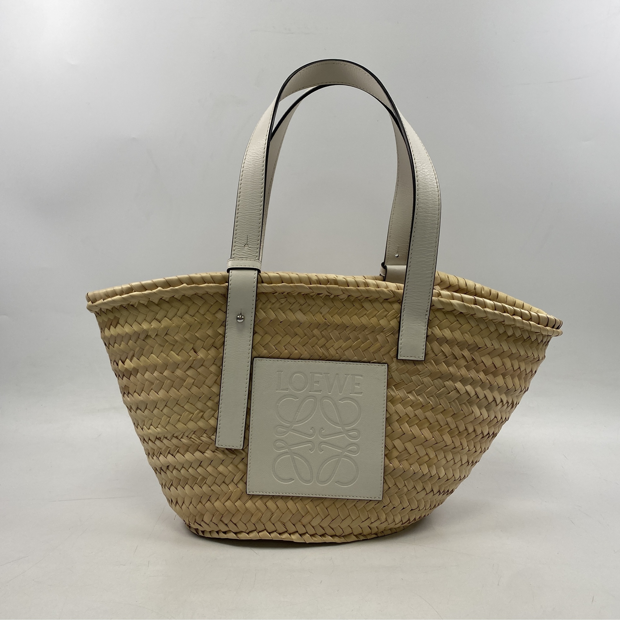 ロエベ かごバッグ ベージュ×白 ラフィア×レザー Aランク
