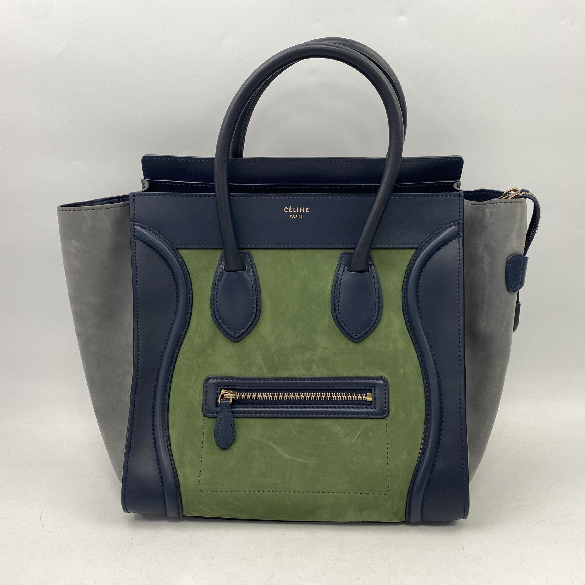 セリーヌ ラゲージ ミニショッパー マルチカラー 青×緑×グレー スエード×レザー Bランク