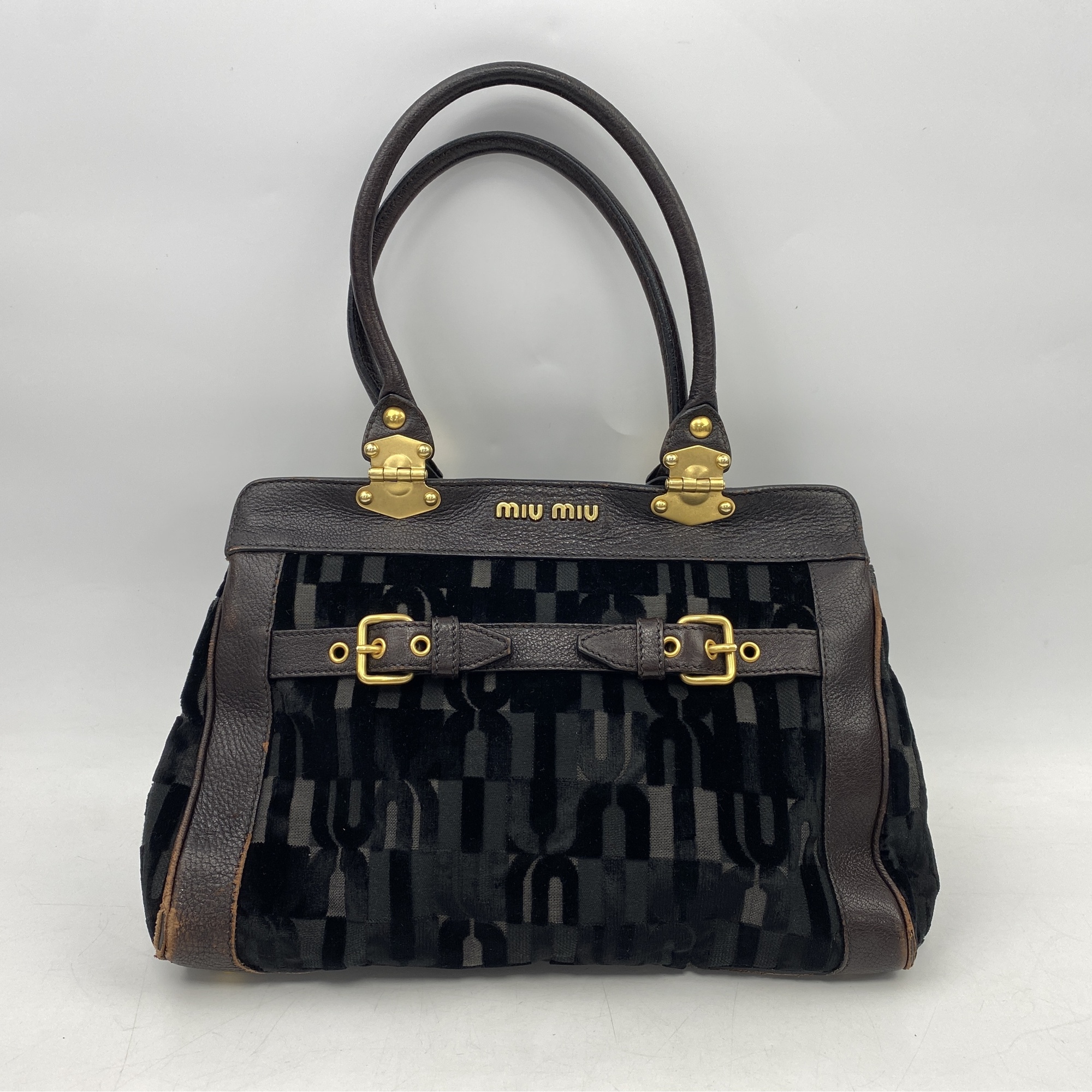 ミュウミュウ ロゴ ハンドバッグ ブラウン レザー×ベルベット Bランク