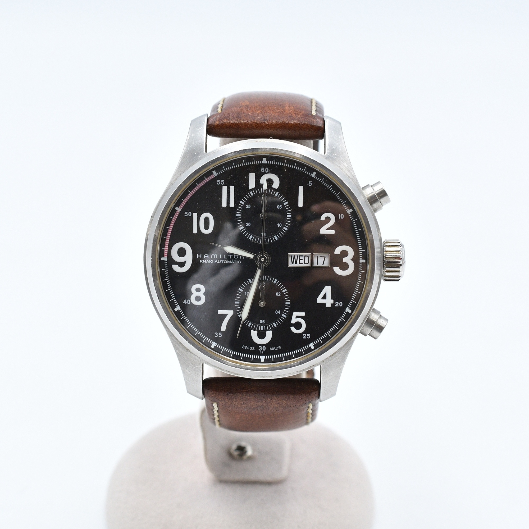 ハミルトン カーキ オフィサー クロノグラフ 黒 SS×革/AT Bランク