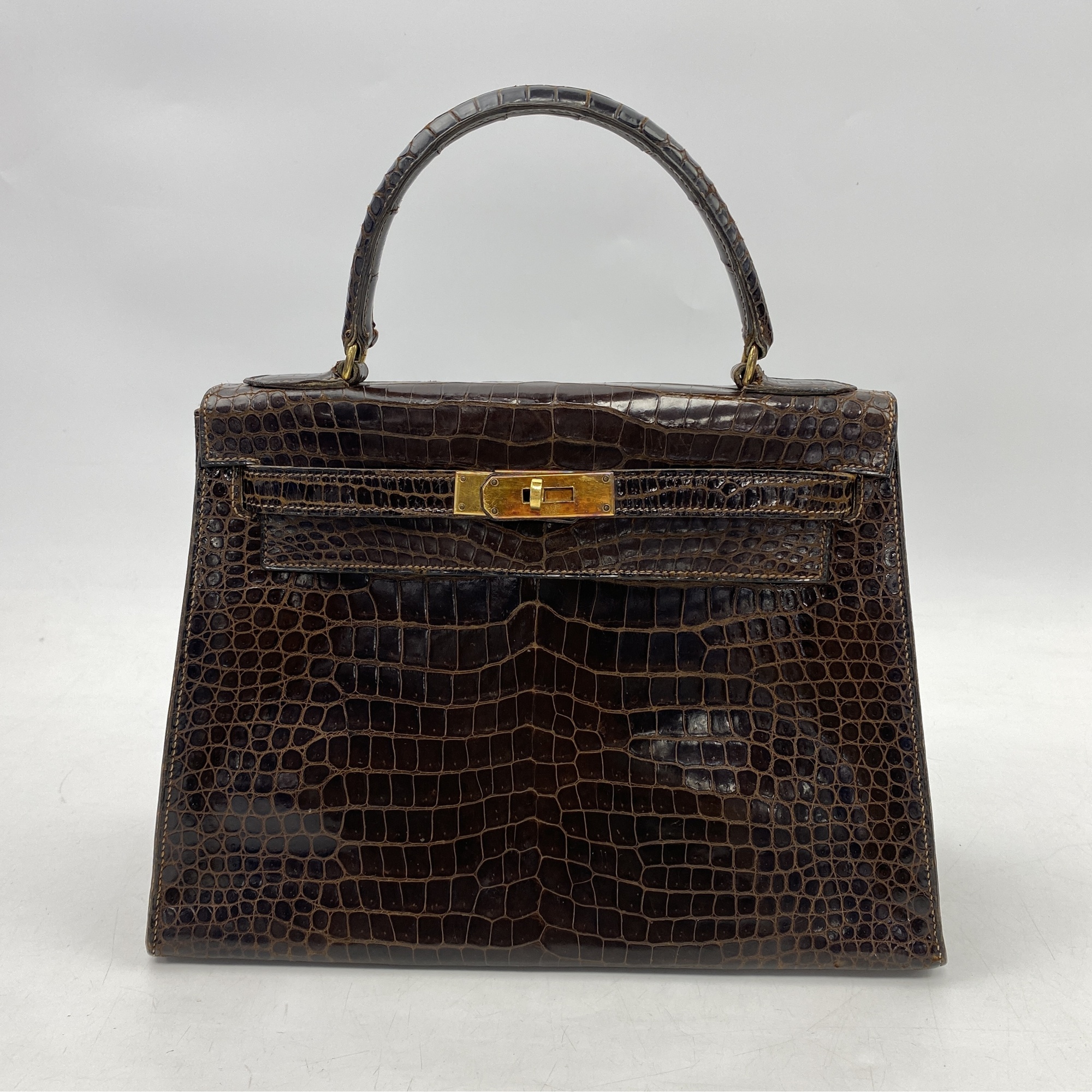 エルメス ケリー28 ブラウン系 クロコ GD金具 Bランク