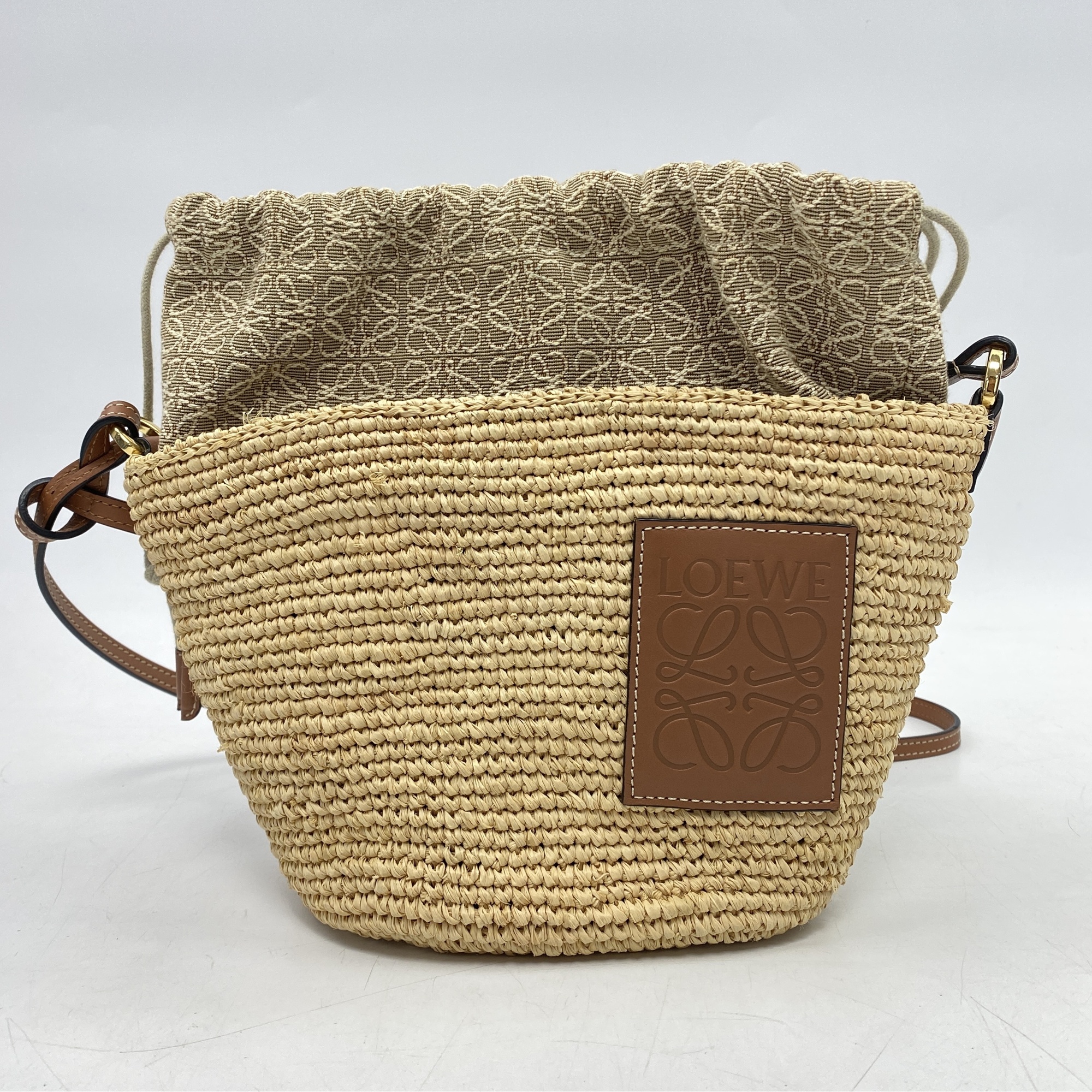ロエベ アナグラム ポシェットショルダーバッグ ラフィア×レザー ブラウン Bランク