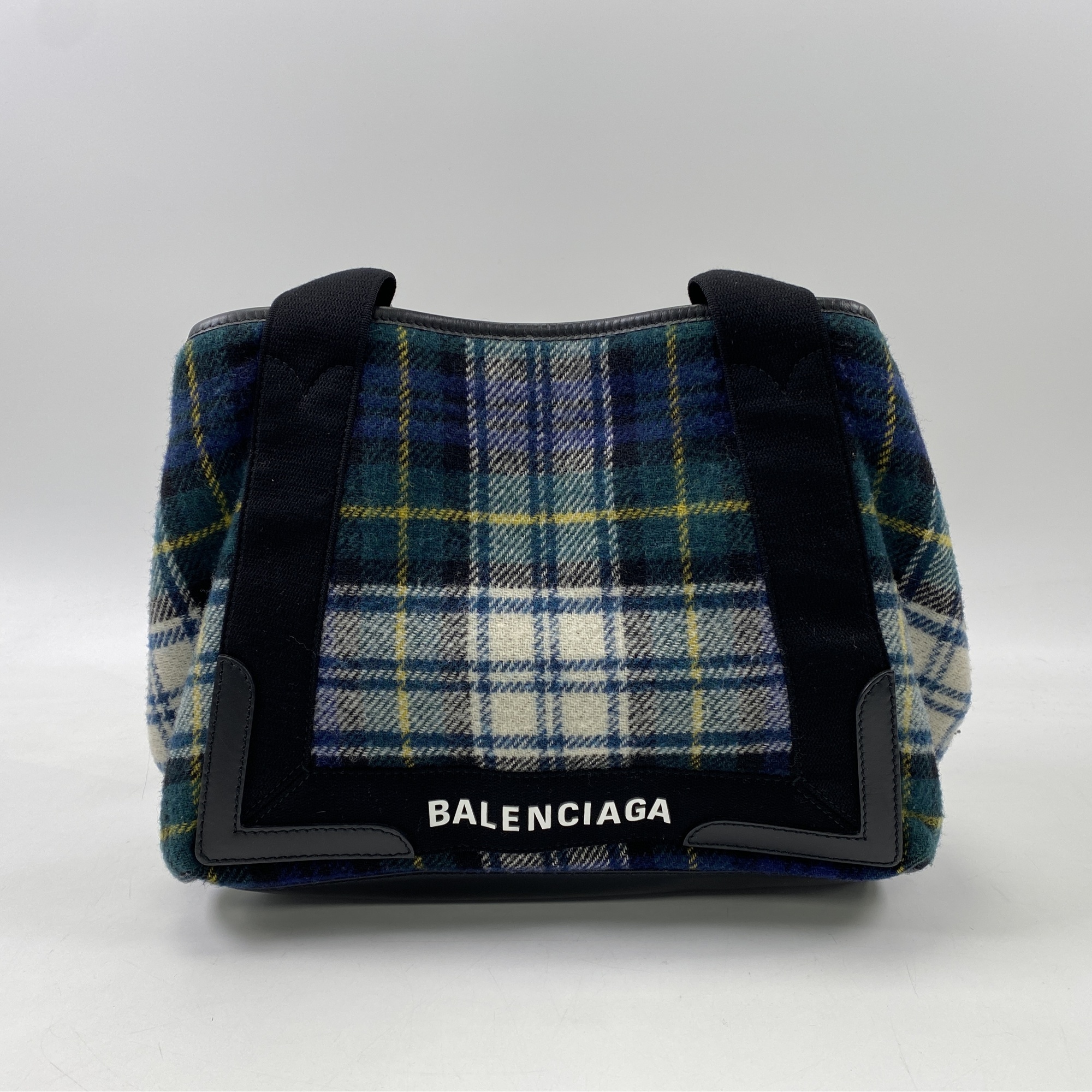 バレンシアガ ネイビーカバス チェック柄 ウール Bランク