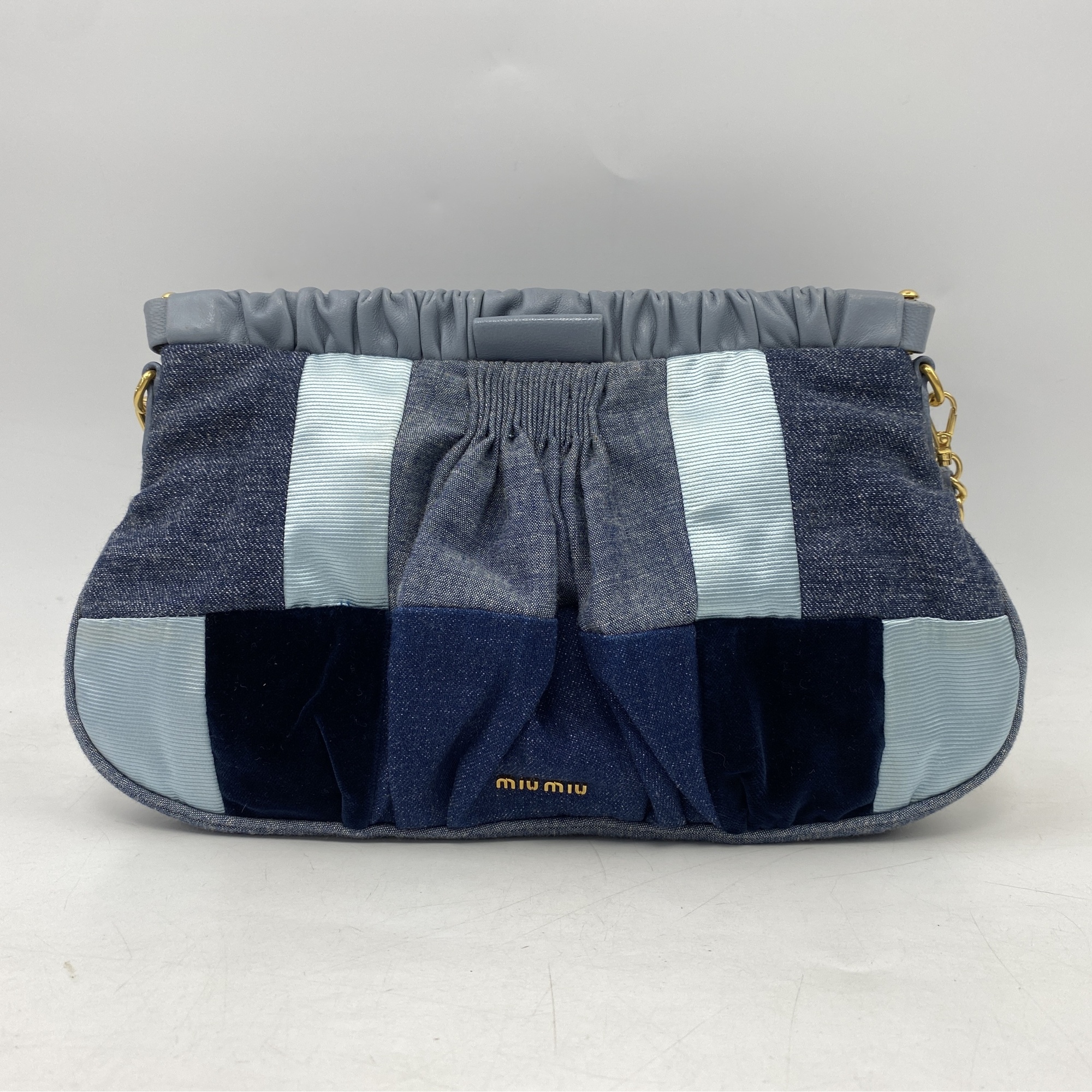 ミュウミュウ パッチワークチェーンショルダーバッグ ブルー デニム Aランク