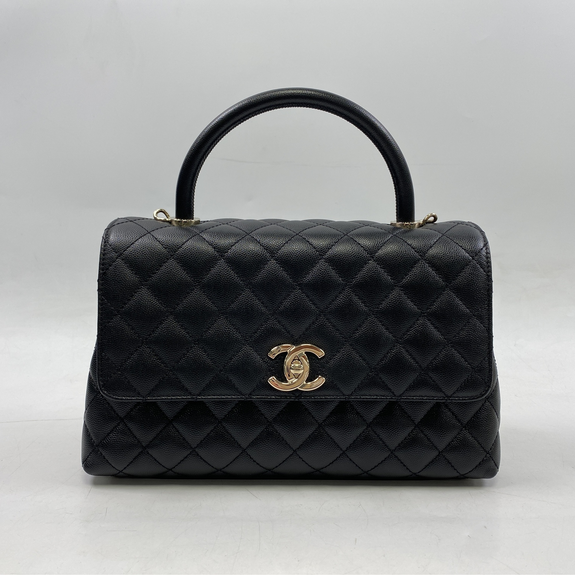 シャネル トップハンドル ラージ チェーンショルダーバッグ 黒 キャビアスキン シャンパンゴールド金具 ABランク