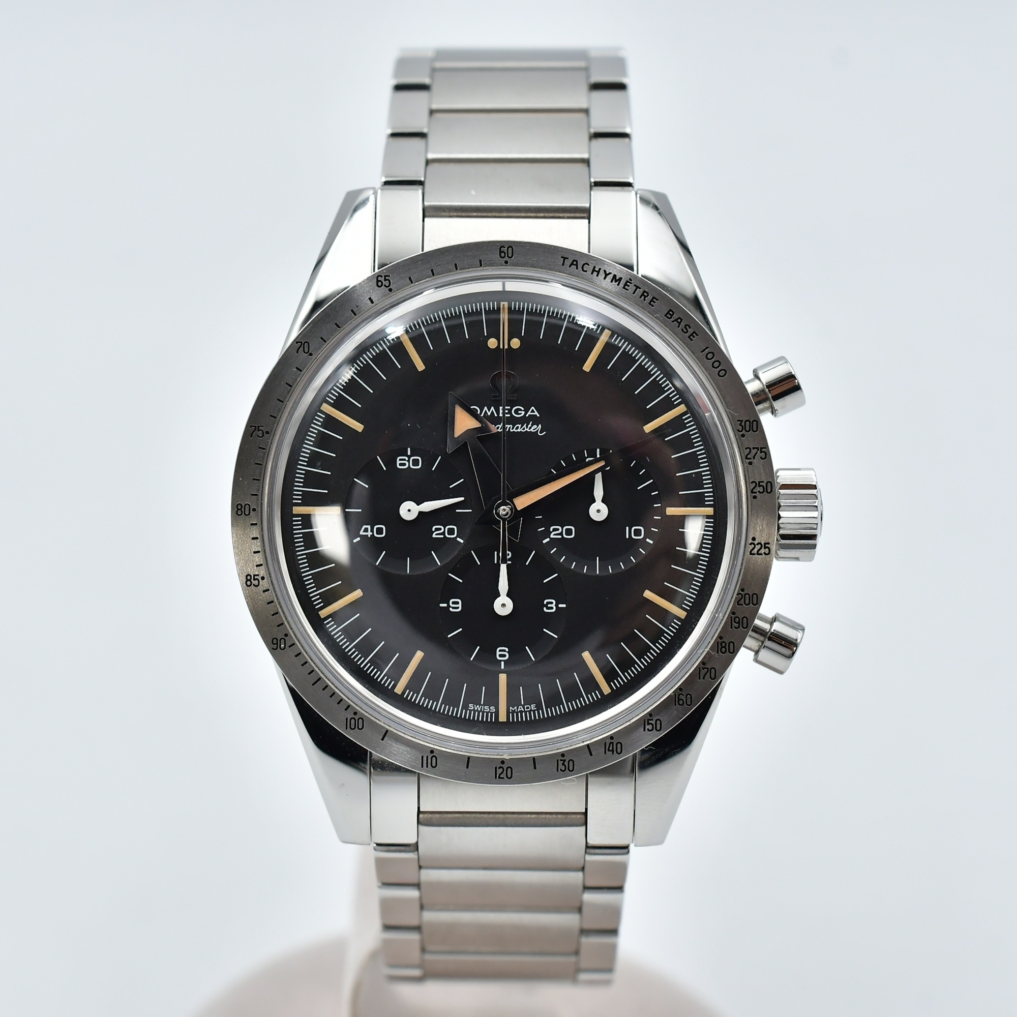 オメガ スピードマスター クロノグラフ 1957 トリロジー ブロードアロー 黒文字盤 SS/手巻き Sランク