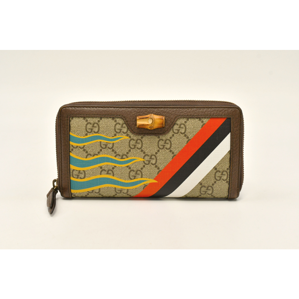 グッチ ダイアナ バンブー GGスプリーム ラウンドファスナー長財布 PVC×レザー 茶 Bランク