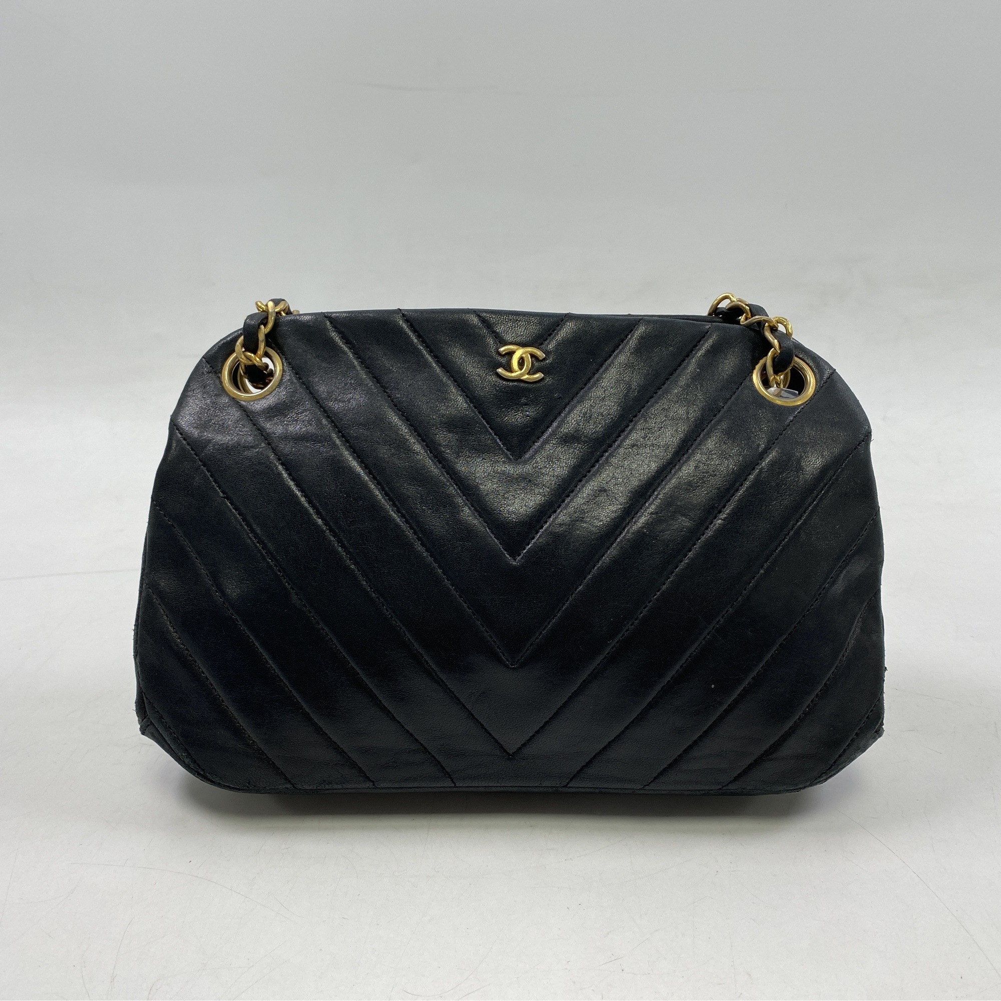 CHANEL ブラック ナイロン サテンショルダーがま口バッグヴィンテージ