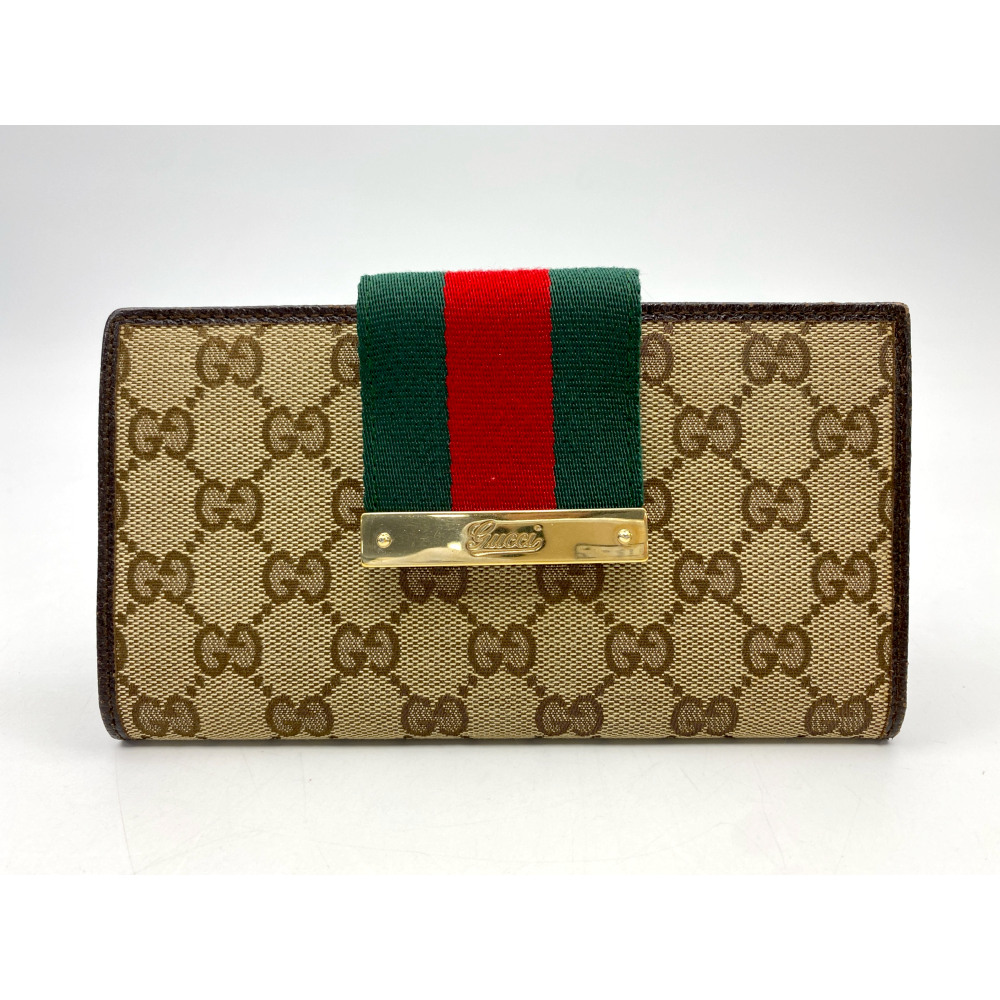 グッチ GGキャンバス 二つ折り長財布 茶 キャンバス×レザー Bランク