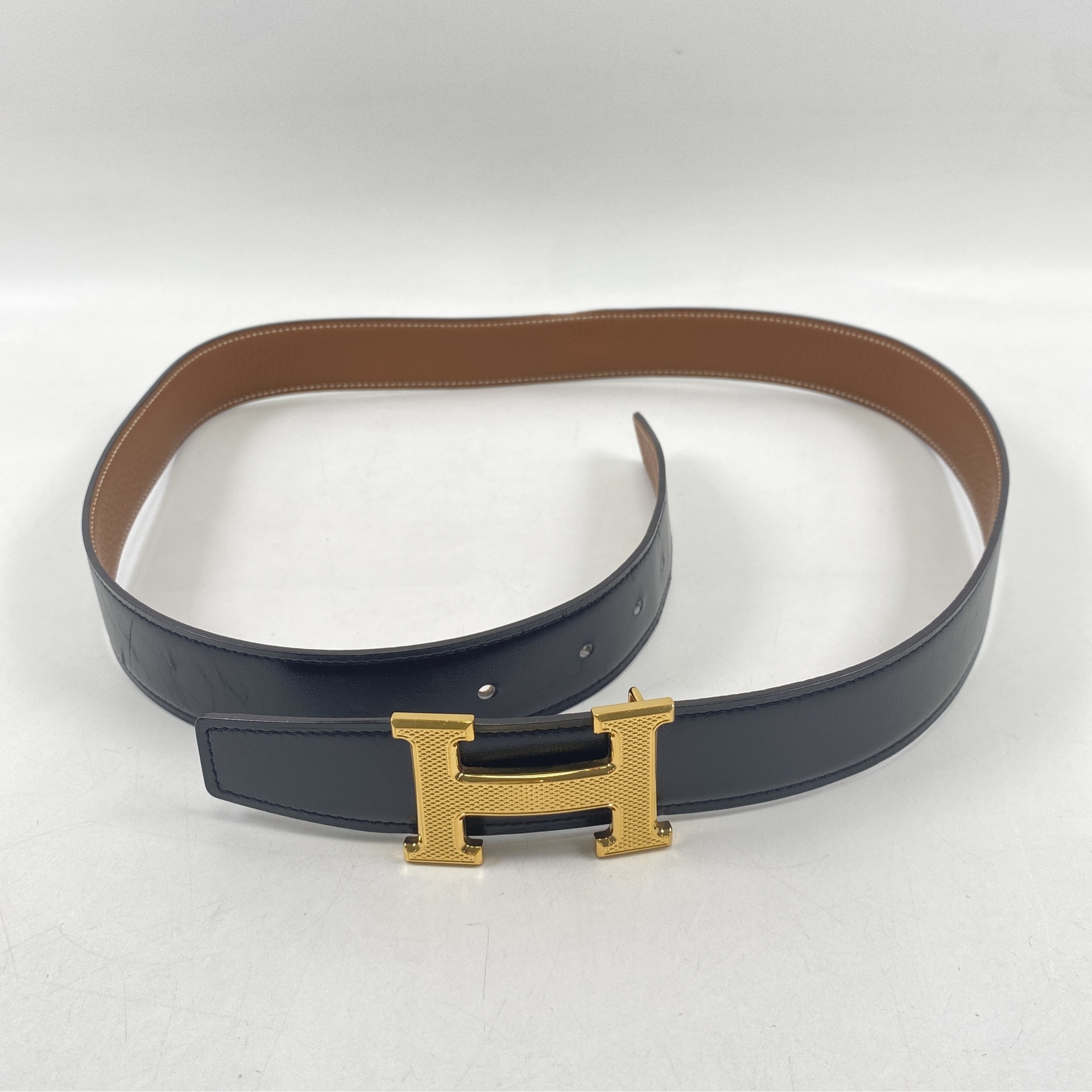 エルメス Hベルト ギロッシュ 黒×ゴールド カーフ×トリヨン GD金具 C 