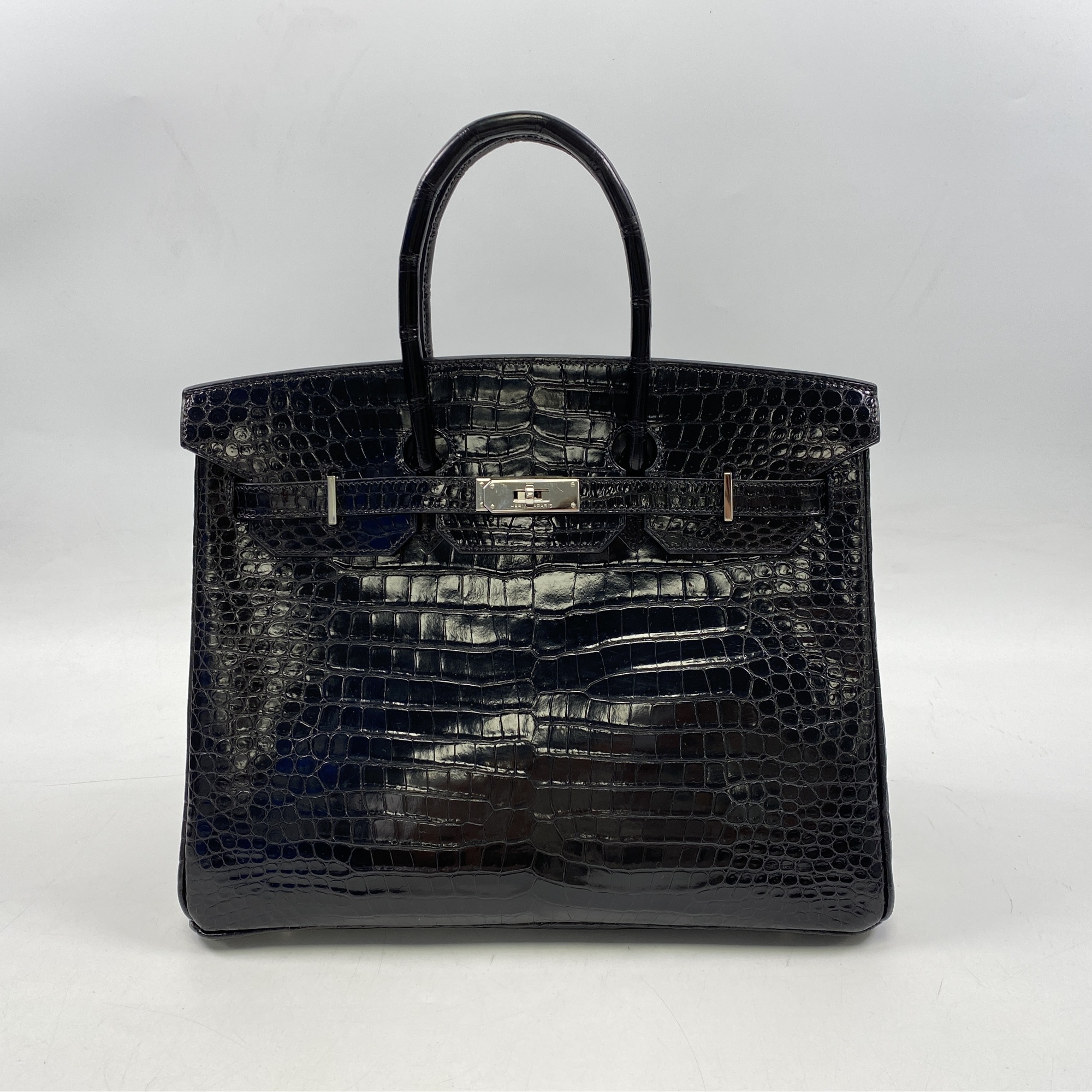 エルメス バーキン35 クロコ ポロサス SV金具 黒 □J刻印 Bランク
