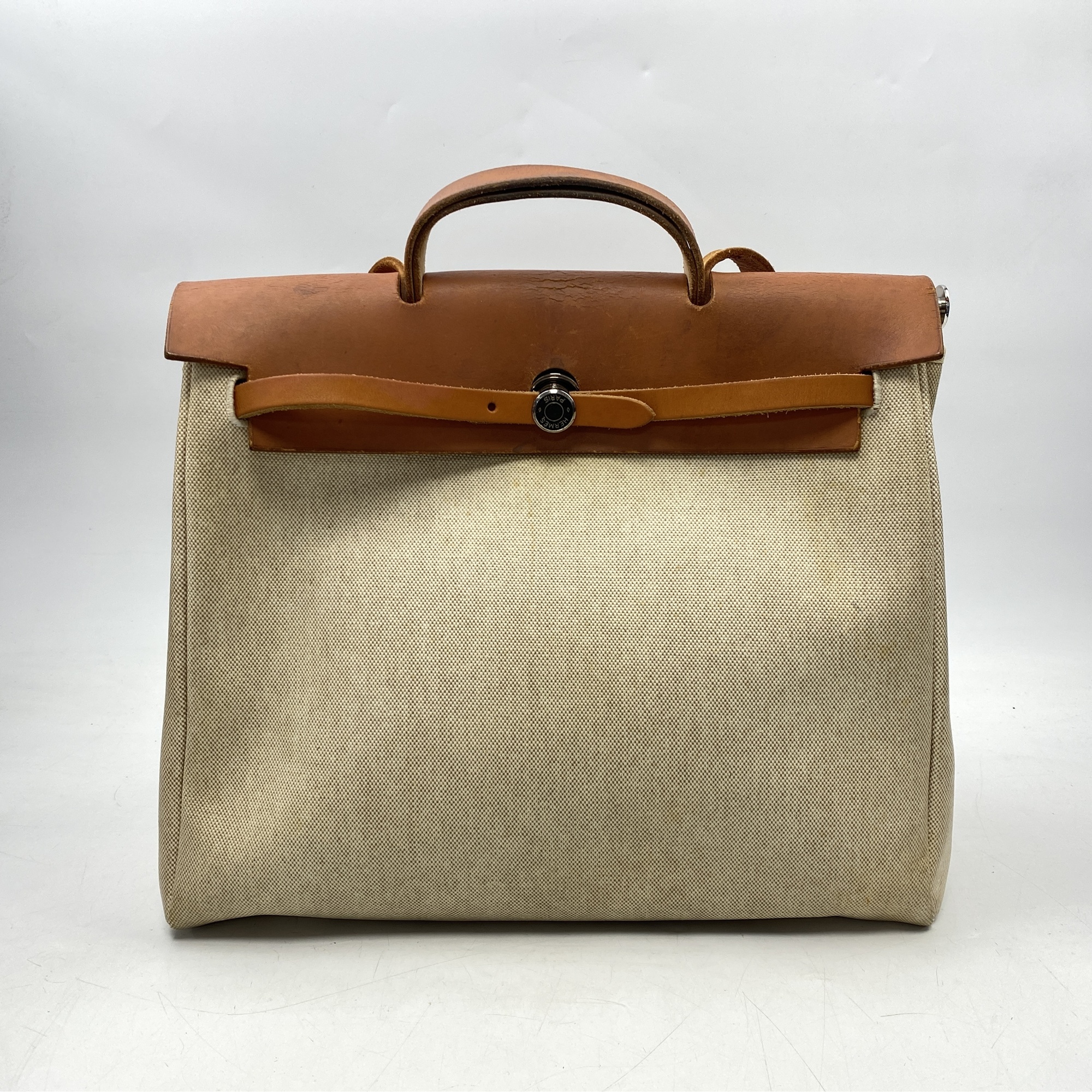 エルメス エールバッグMM ベージュ×ナチュラル トワルアッシュ×レザー SV金具 □B Bランク