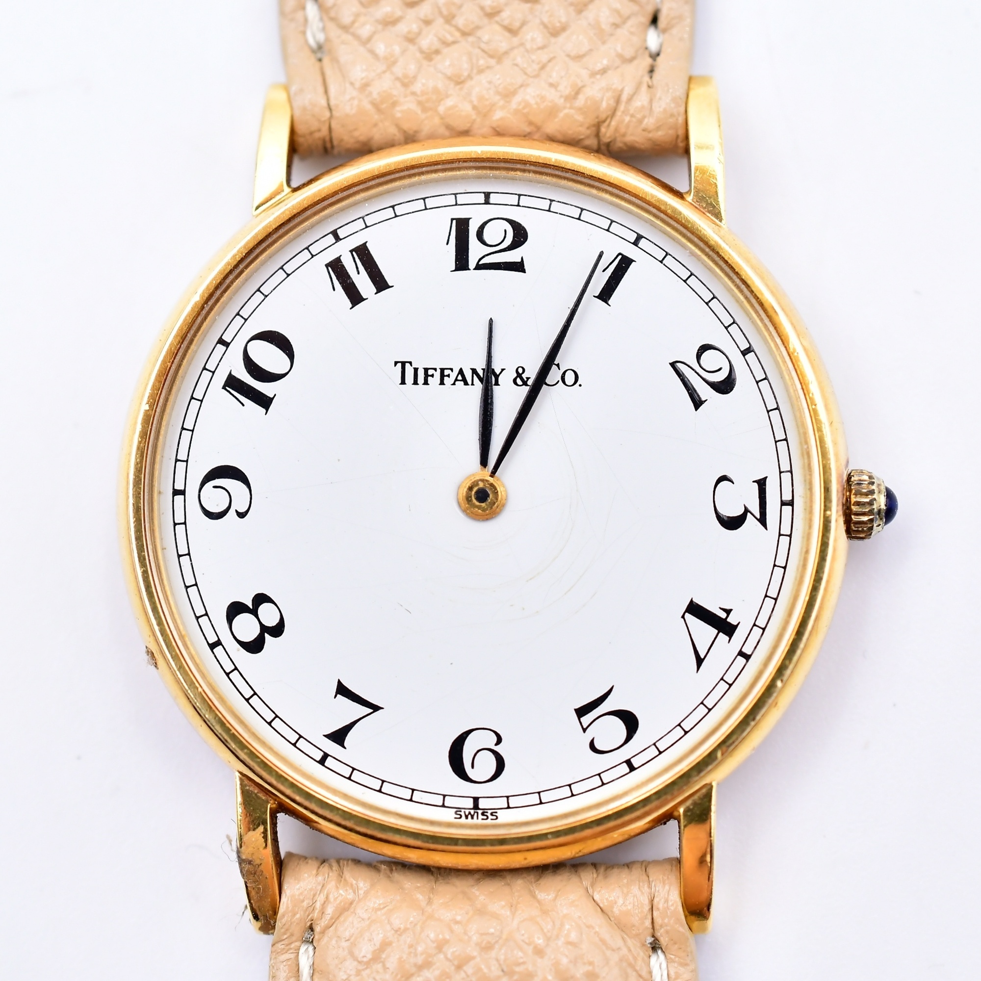 ティファニー クラシック ラウンドウォッチ 白文字盤 YG×革/QZ Cランク