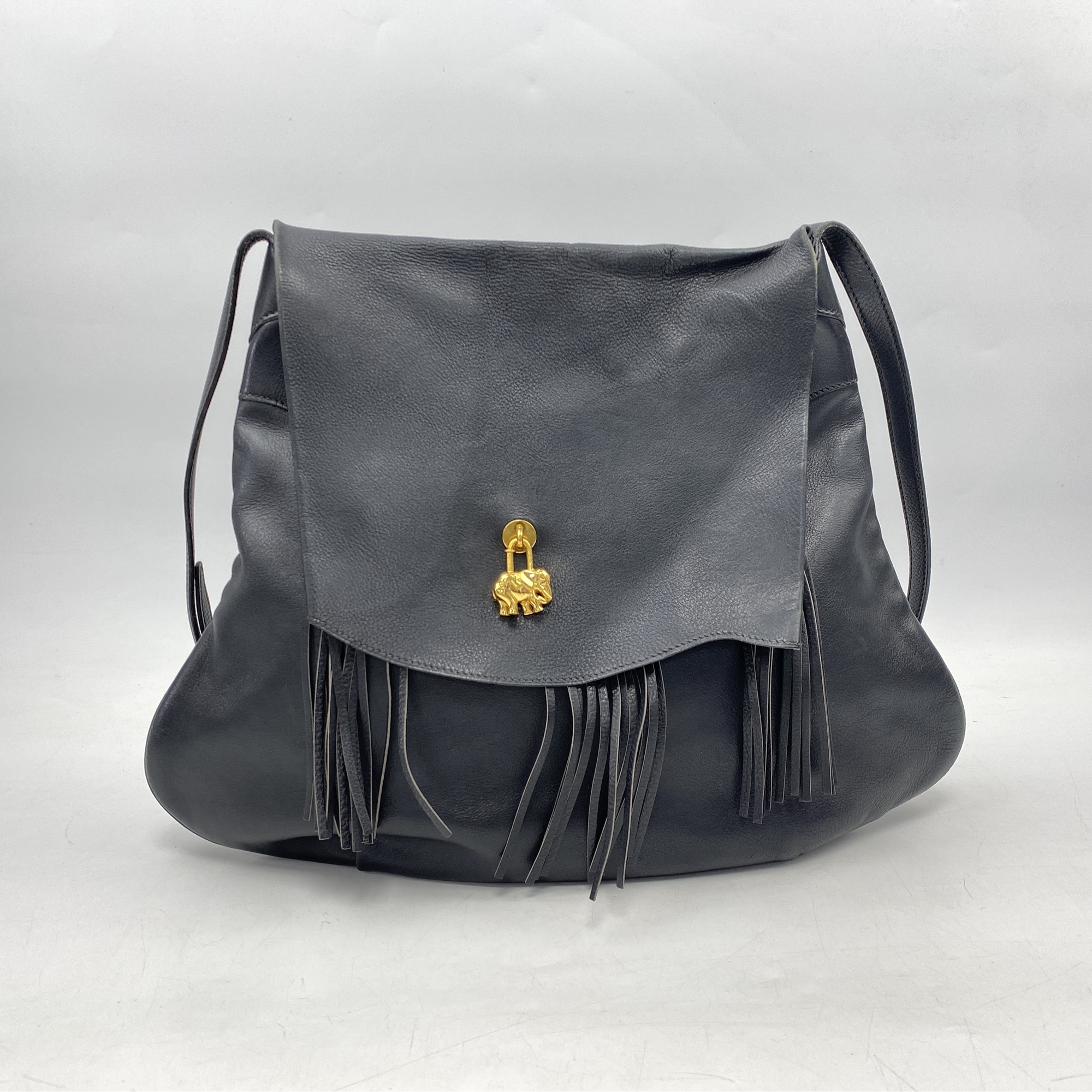 エルメス フリンジ ショルダーバッグ ゾウカデナ GD金具 黒 レザー Bランク