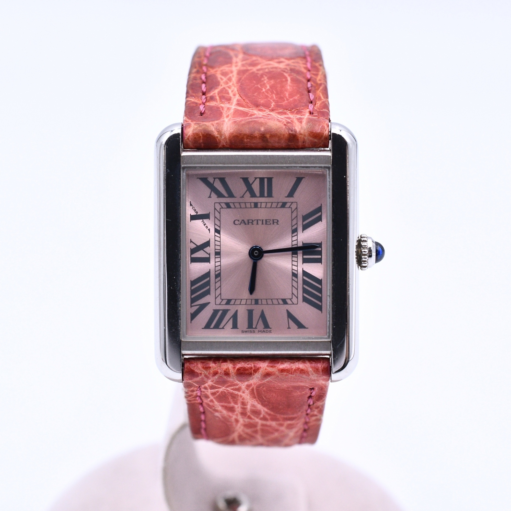 （美品）Cartier タンクソロSM カーフレザー　ベルト　ピンク カルティエ タンクソロSM ピンク文字盤 SS×革/QZ W5200000 買取実績