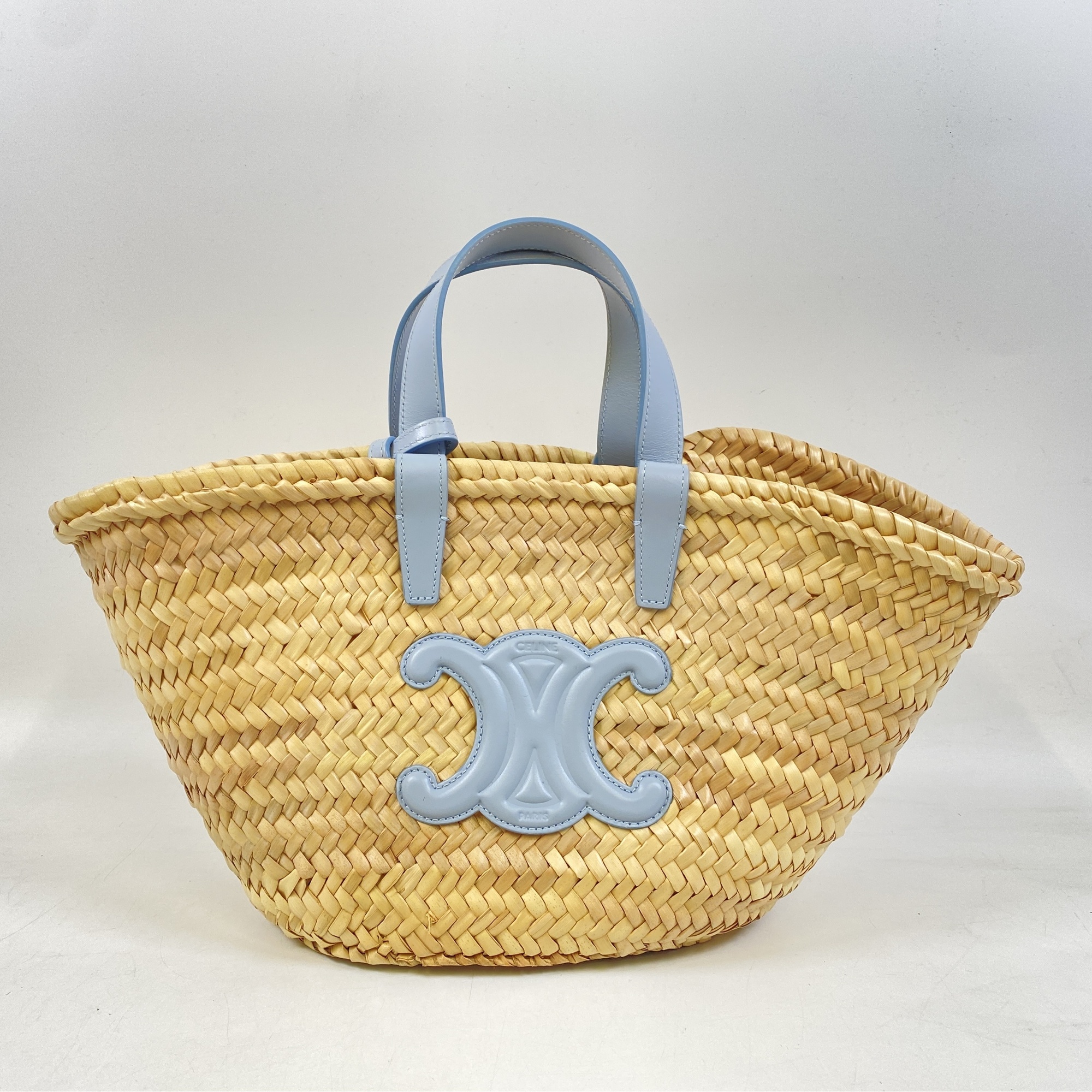 セリーヌ クラシック パニエ カゴバッグ 水色 ラフィア×レザー Bランク