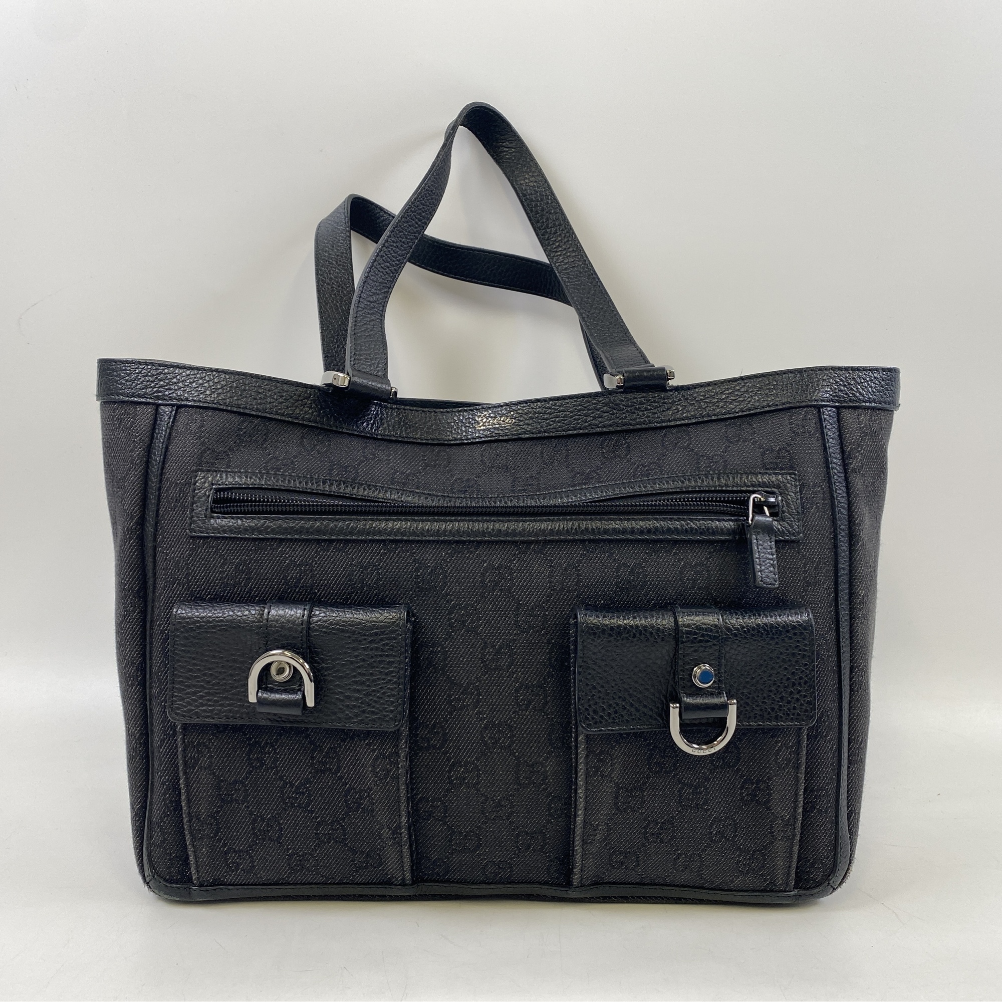 グッチ GGキャンバス トートバッグ 黒 キャンバス×レザー Bランク