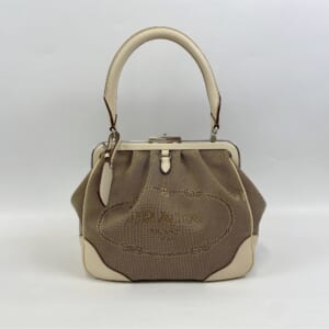 プラダ ロゴプリント ジャガード がま口 ハンドバッグ トップハンドル ベージュ キャンバス×レザー R3481