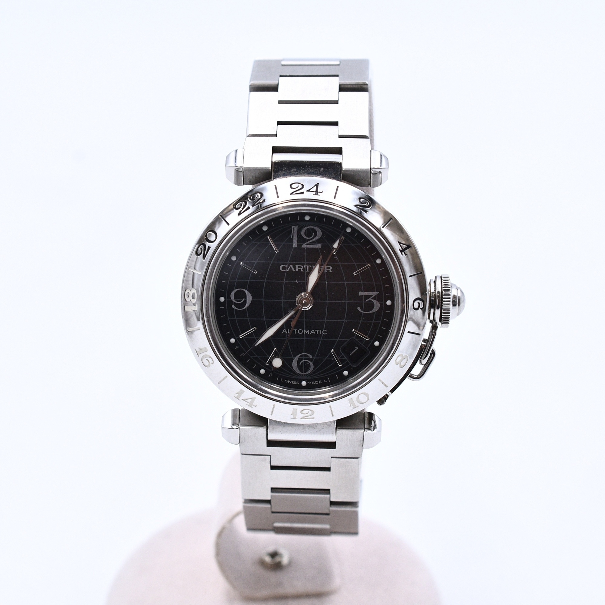 カルティエ パシャC ＧＭＴ 黒文字盤 SS/AT Bランク