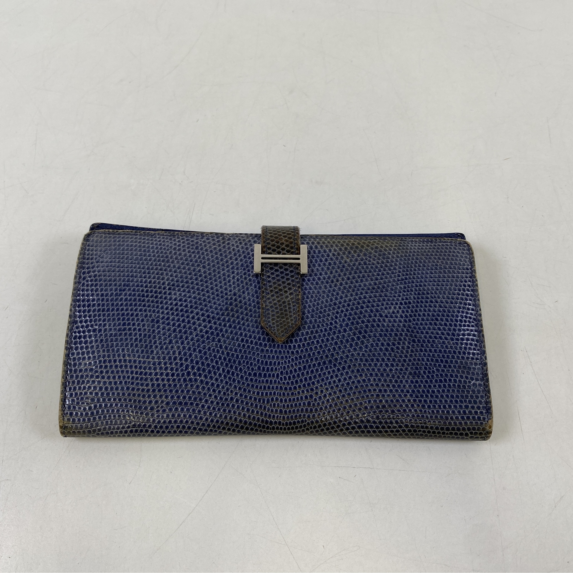 エルメス ベアン クラシック 二つ折り長財布 リザード 青系 SV金具 