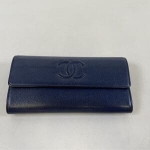 シャネル ココマーク ロングフラップウォレット ネイビー カーフスキン SV金具