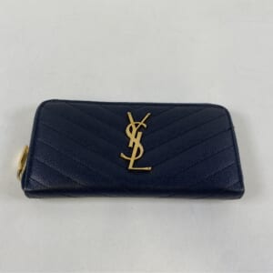 サンローラン カサンドラ ラウンドファスナー長財布 ネイビー レザー 358094
