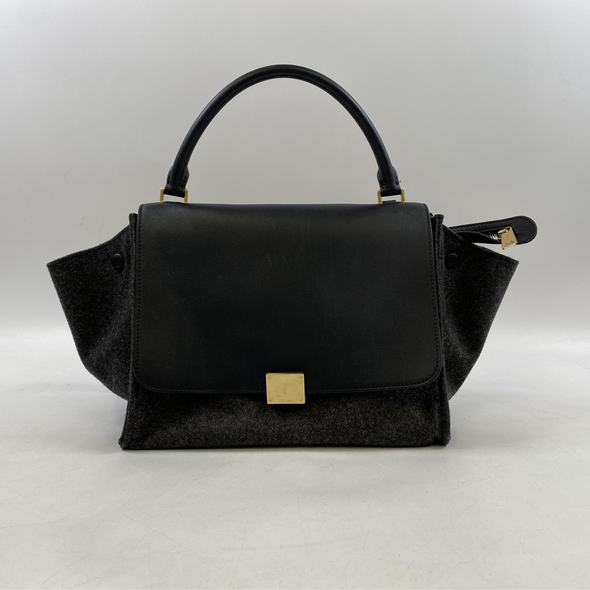 ショルダーバッグセリーヌ 2WAYハンドバッグトラペーズ　黒　中古美品 セリーヌ トラペーズ 2WAYバッグ ハンドバッグ ブラック×グレー ウール