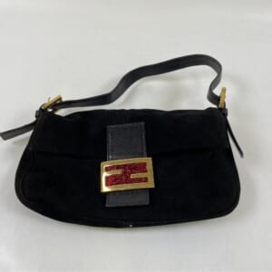 フェンディ マンマ ハンドバッグ 黒 赤ラメ金具 スエード×レザー WS14989