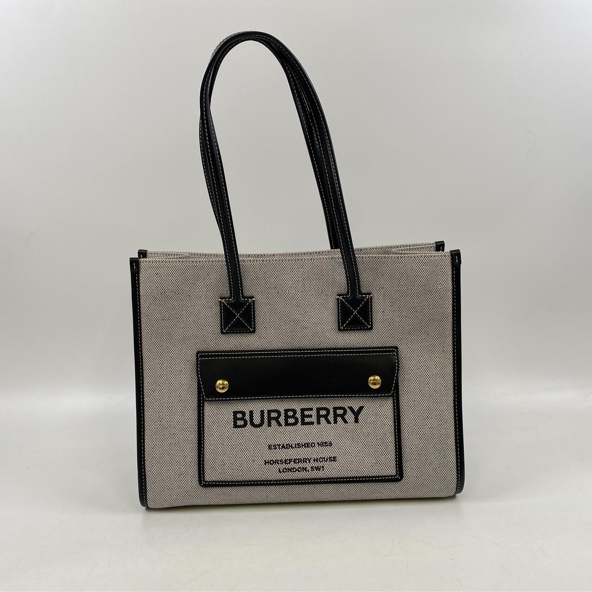 バーバリー フレヤトート トートバッグ 黒×グレー キャンバス×レザー Bランク