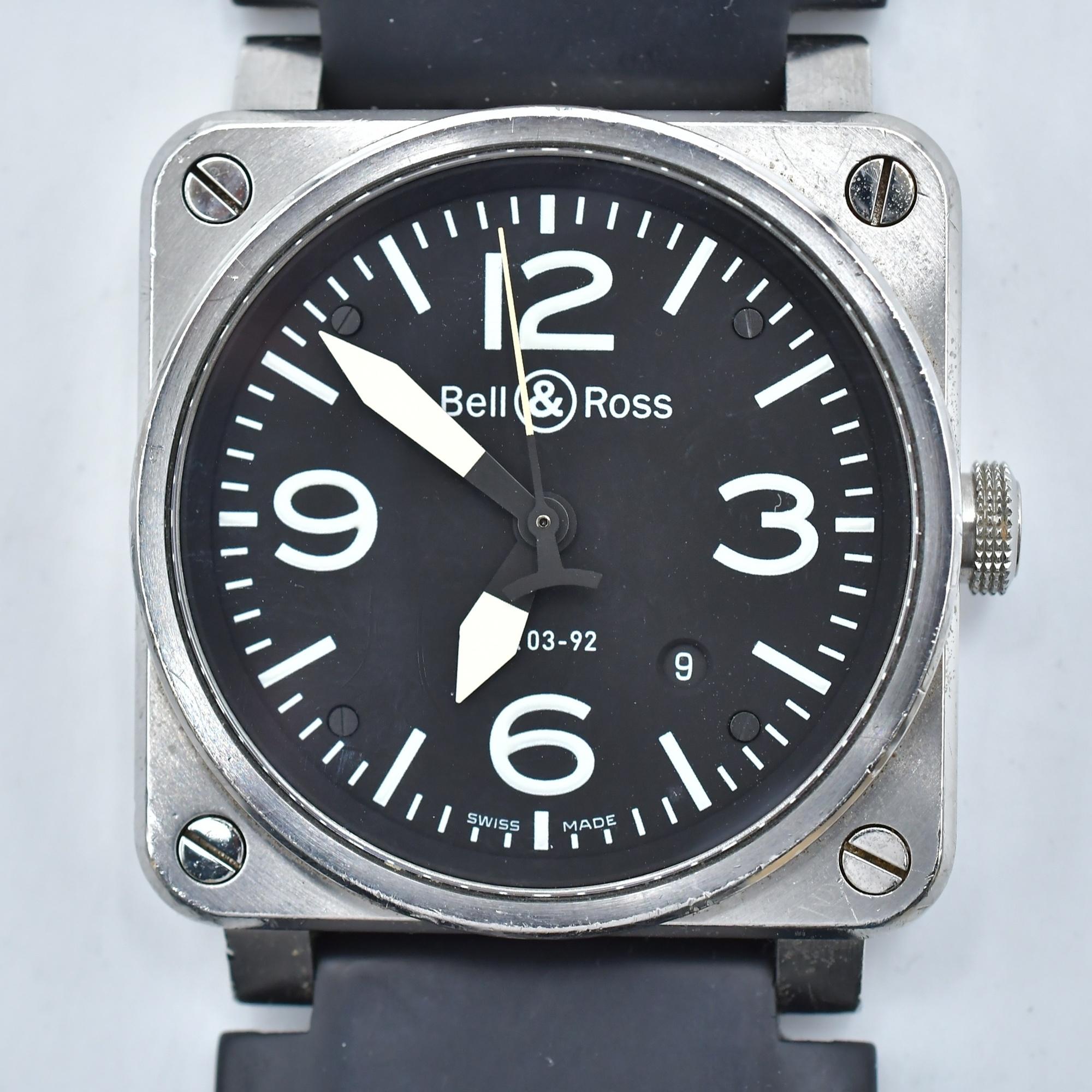 【稼働】Bell＆Ross アヴィエーション ブラック文字盤 手巻き式 腕時計 ベル＆ロス アビエーション 黒文字盤 SS×ラバー/AT オープン BR03-92-S